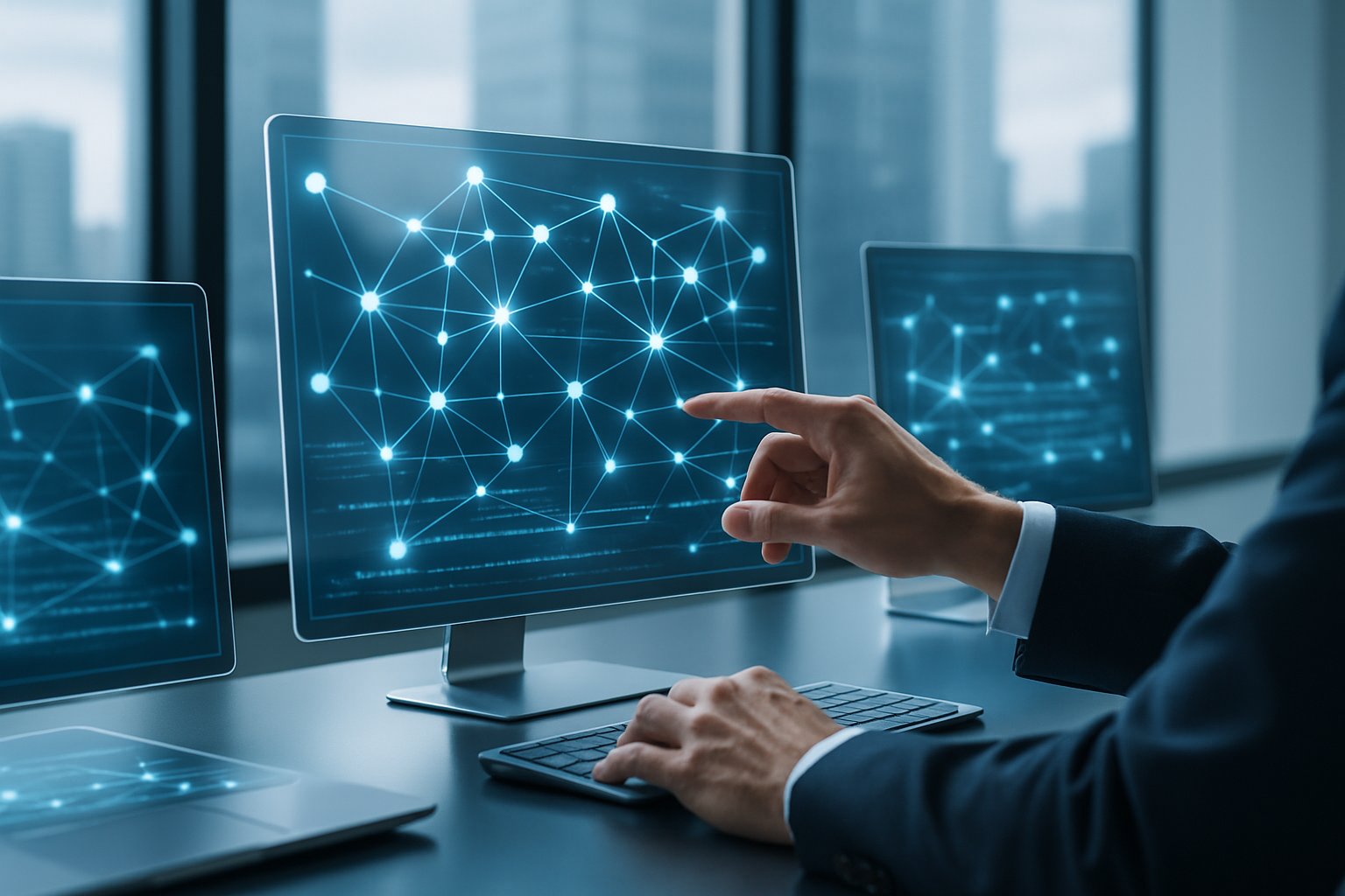 A business professional interacting with a futuristic holographic digital network interface in a modern office setting.