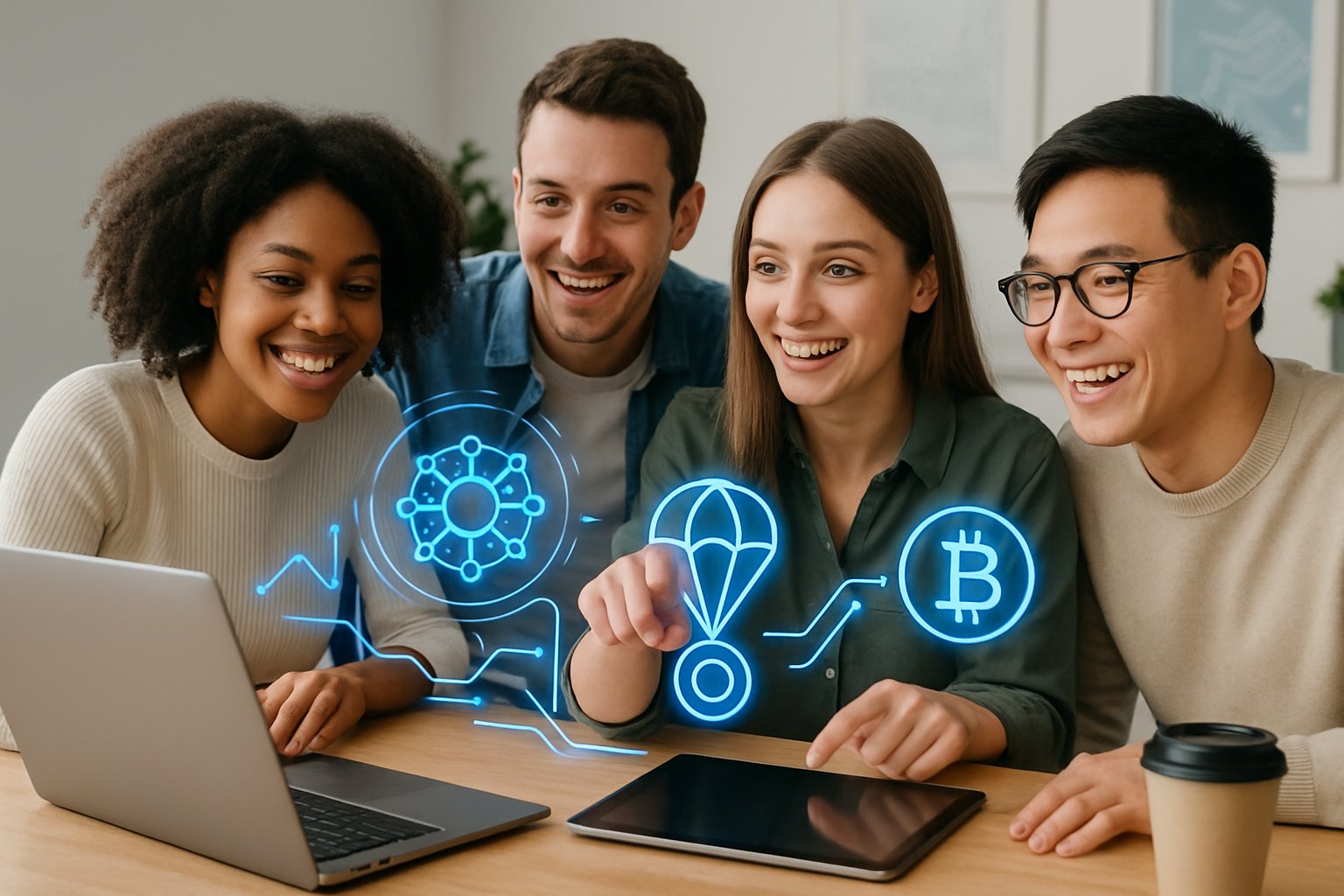 A group of young adults collaborating around laptops and holographic displays in a modern workspace.
