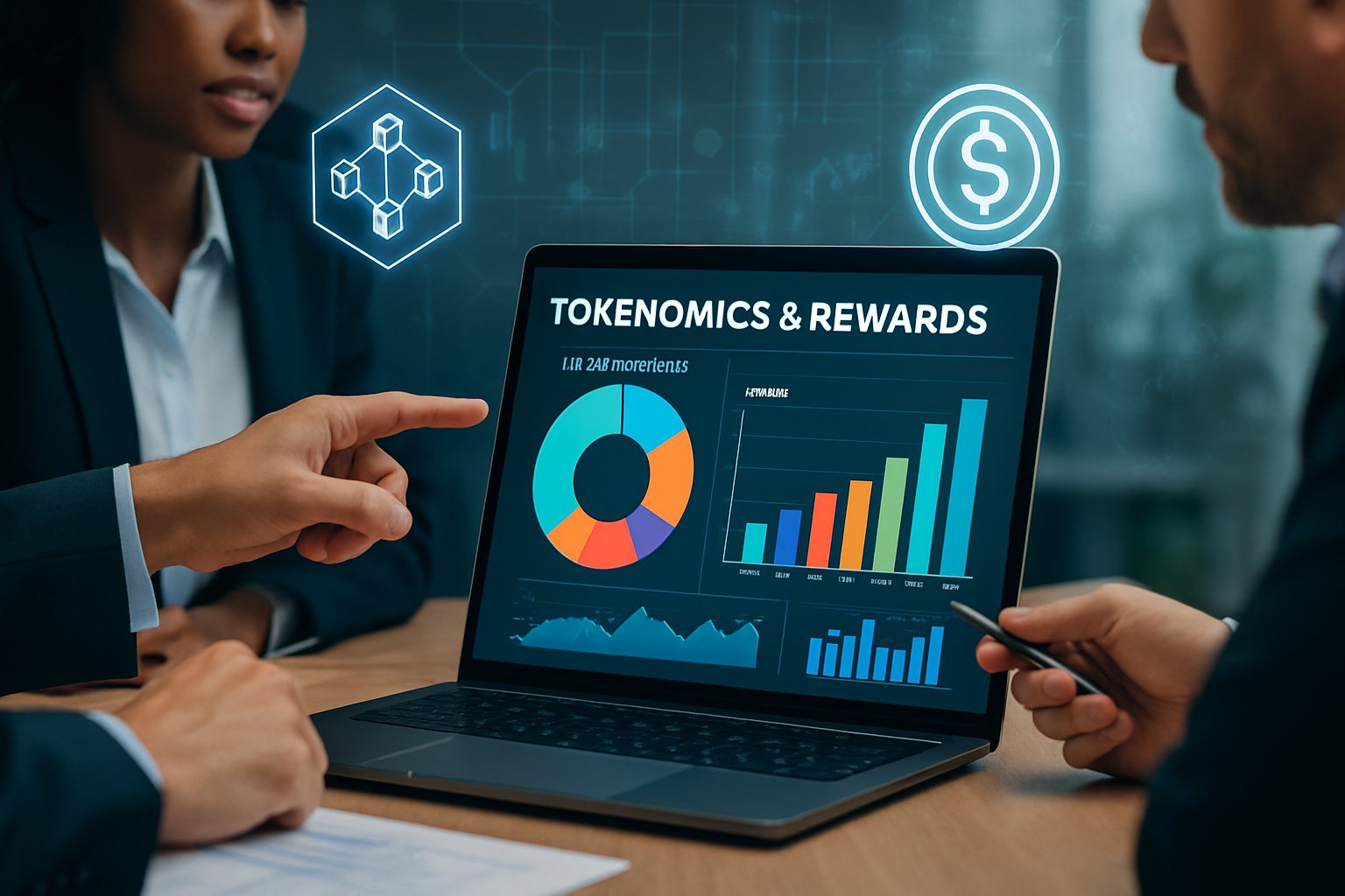 A group of professionals gathered around a laptop displaying colorful cryptocurrency charts and holographic icons representing token distribution and digital rewards.