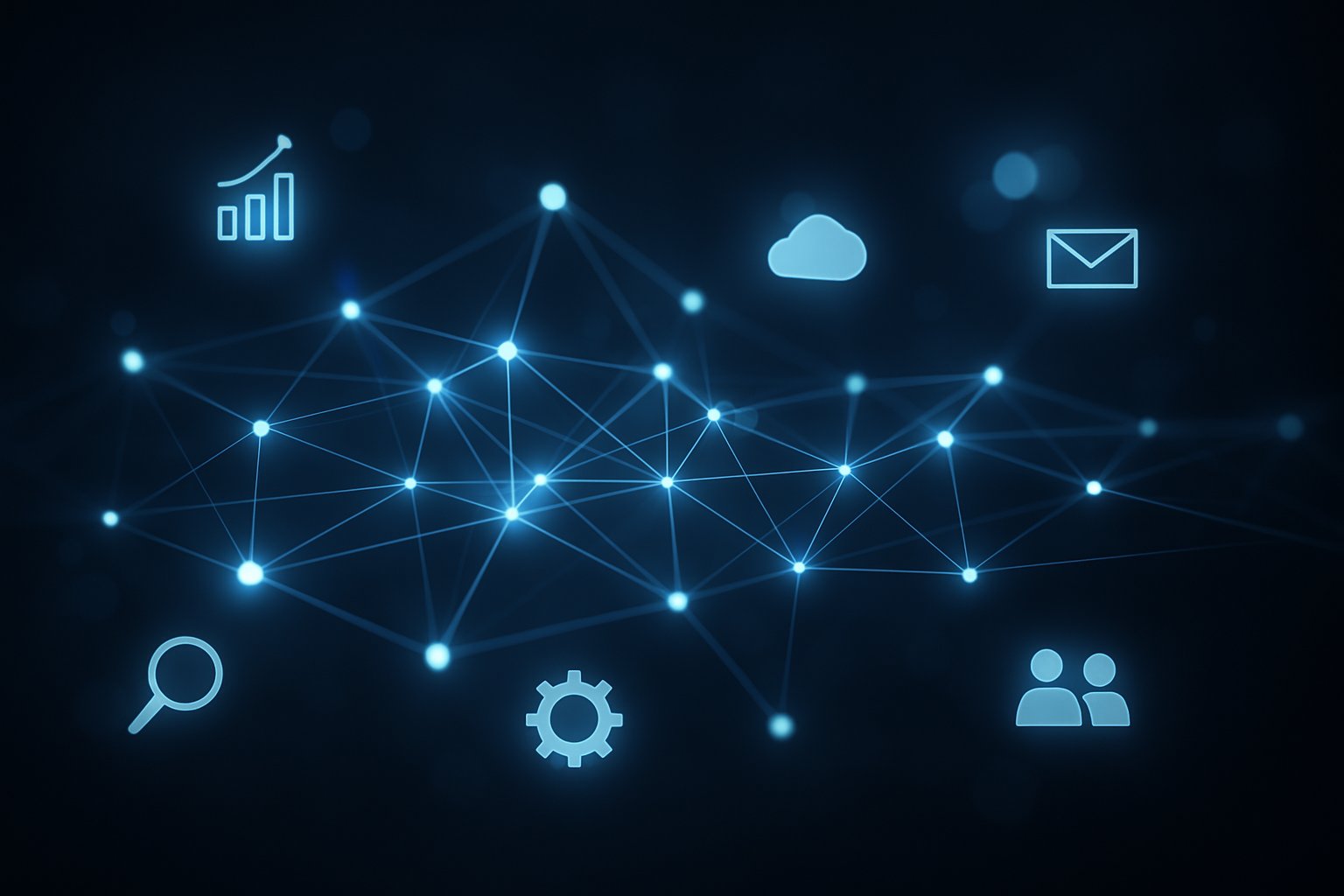 A futuristic digital network with glowing interconnected nodes and abstract technology icons floating around them.