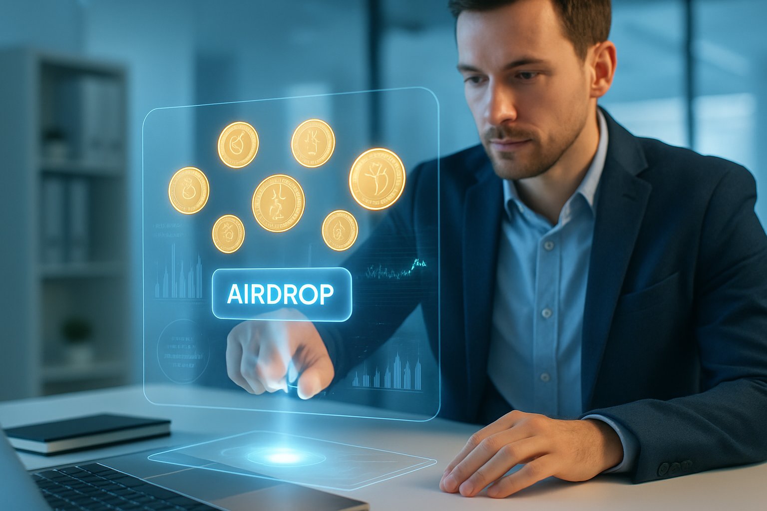 A person interacting with a holographic digital interface showing floating tokens in a modern office setting.