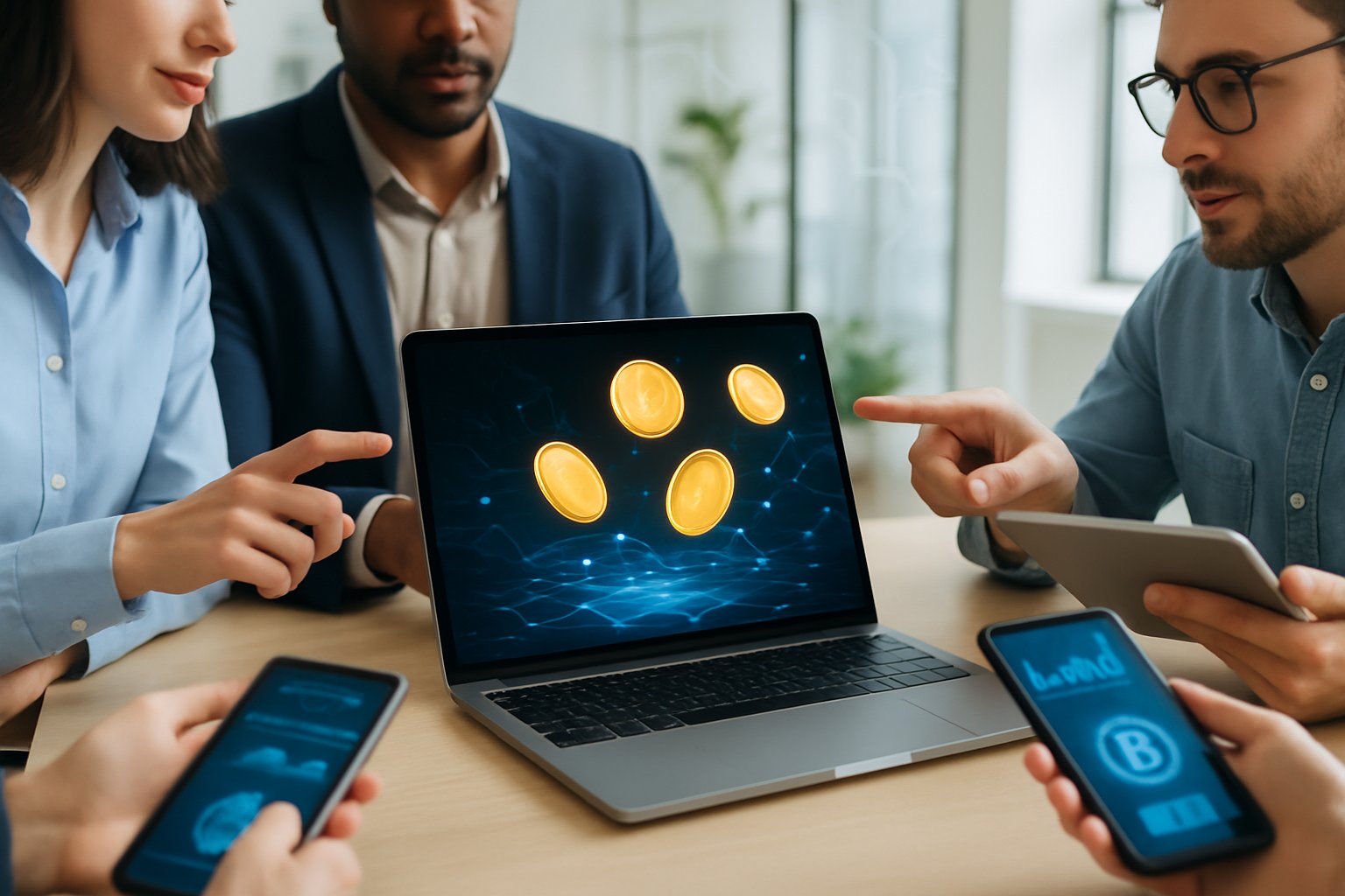 Professionals in a modern office discussing digital tokens displayed on a laptop with floating cryptocurrency symbols above it.