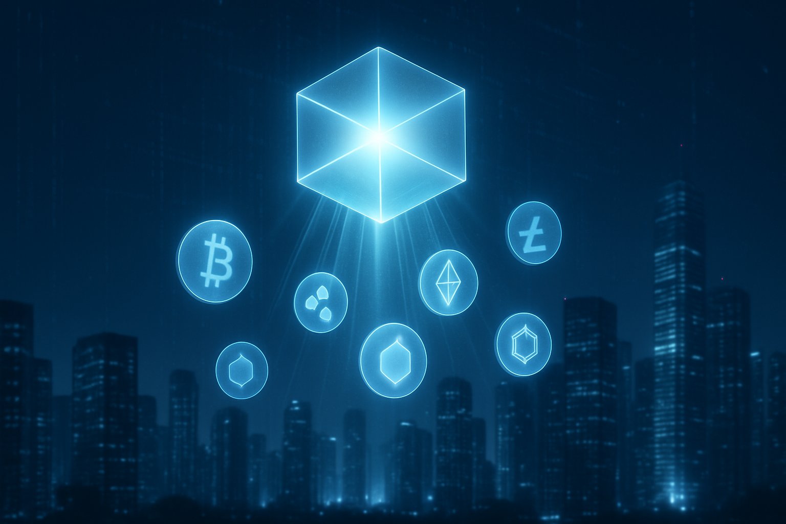 A glowing 3D digital token floating above a futuristic cityscape with smaller tokens descending around it.