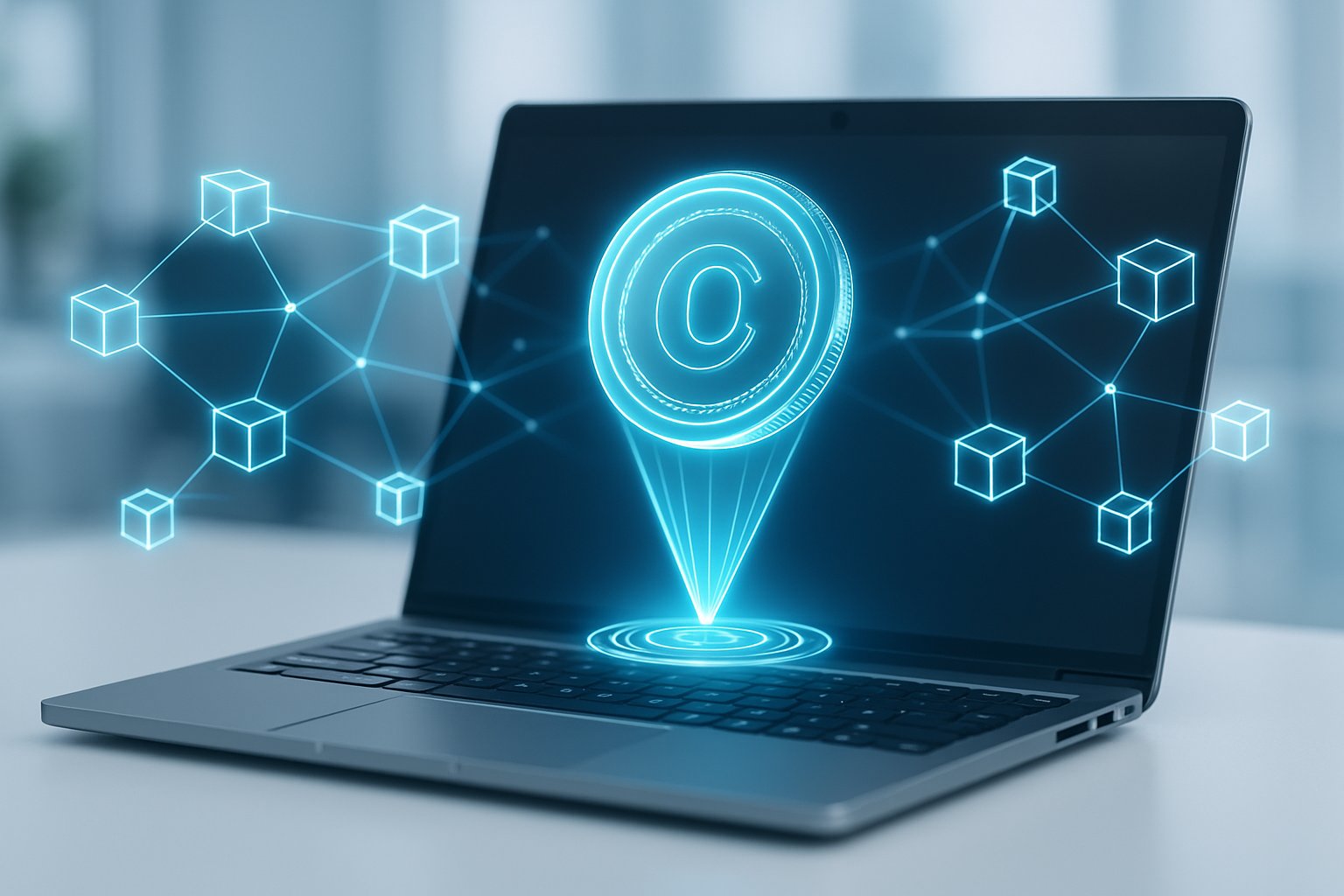 A laptop on a desk with a glowing holographic digital token hovering above the keyboard, surrounded by floating connected network nodes in a modern office setting.