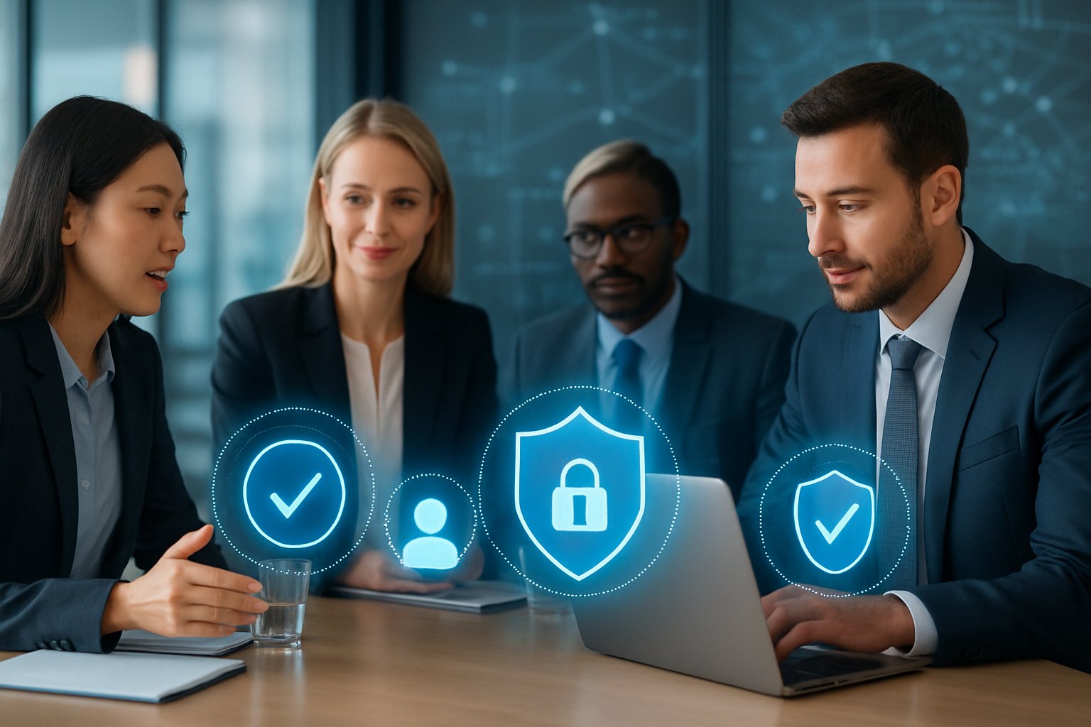 A group of business professionals working together around a table with digital security and compliance icons displayed on transparent screens.