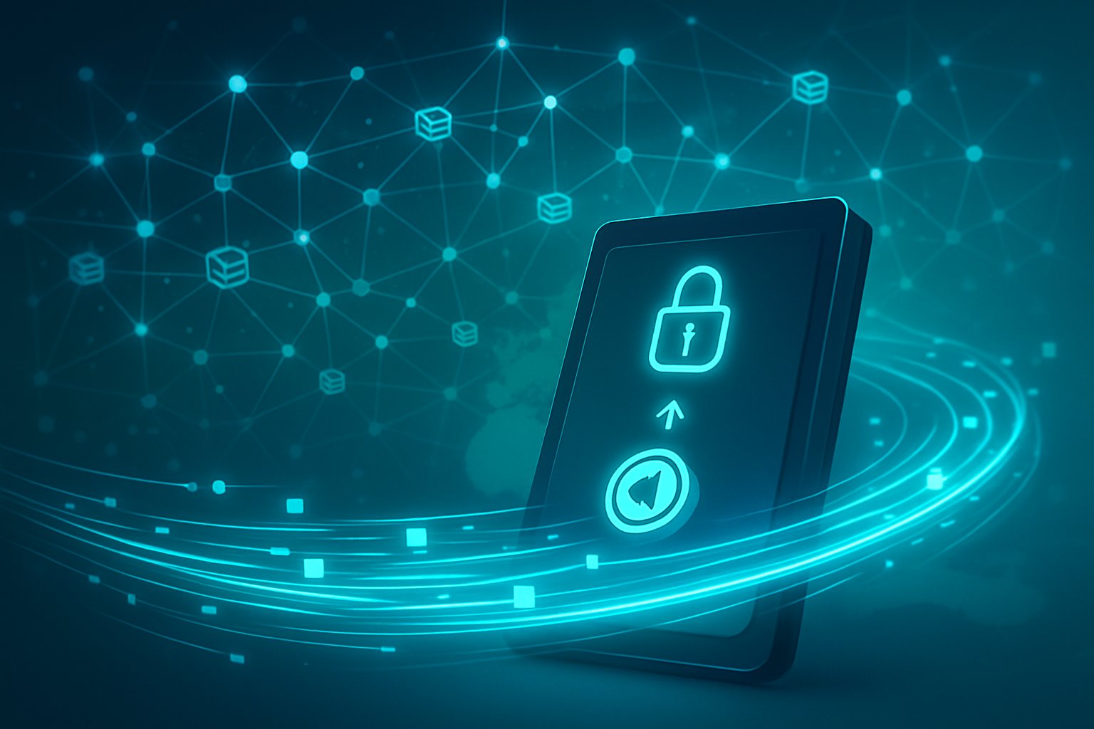 A digital wallet surrounded by glowing data streams and interconnected nodes symbolizing a secure blockchain network and digital asset distribution.