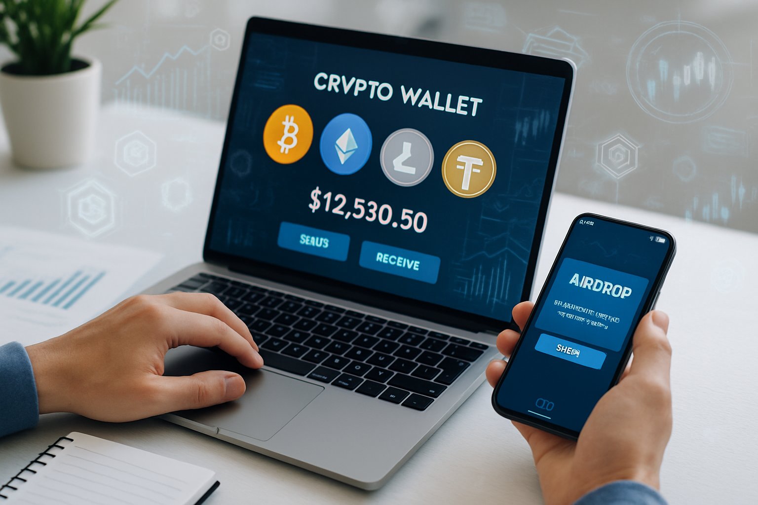 A person using a laptop and smartphone at a desk with cryptocurrency icons and digital charts visible on the screens.