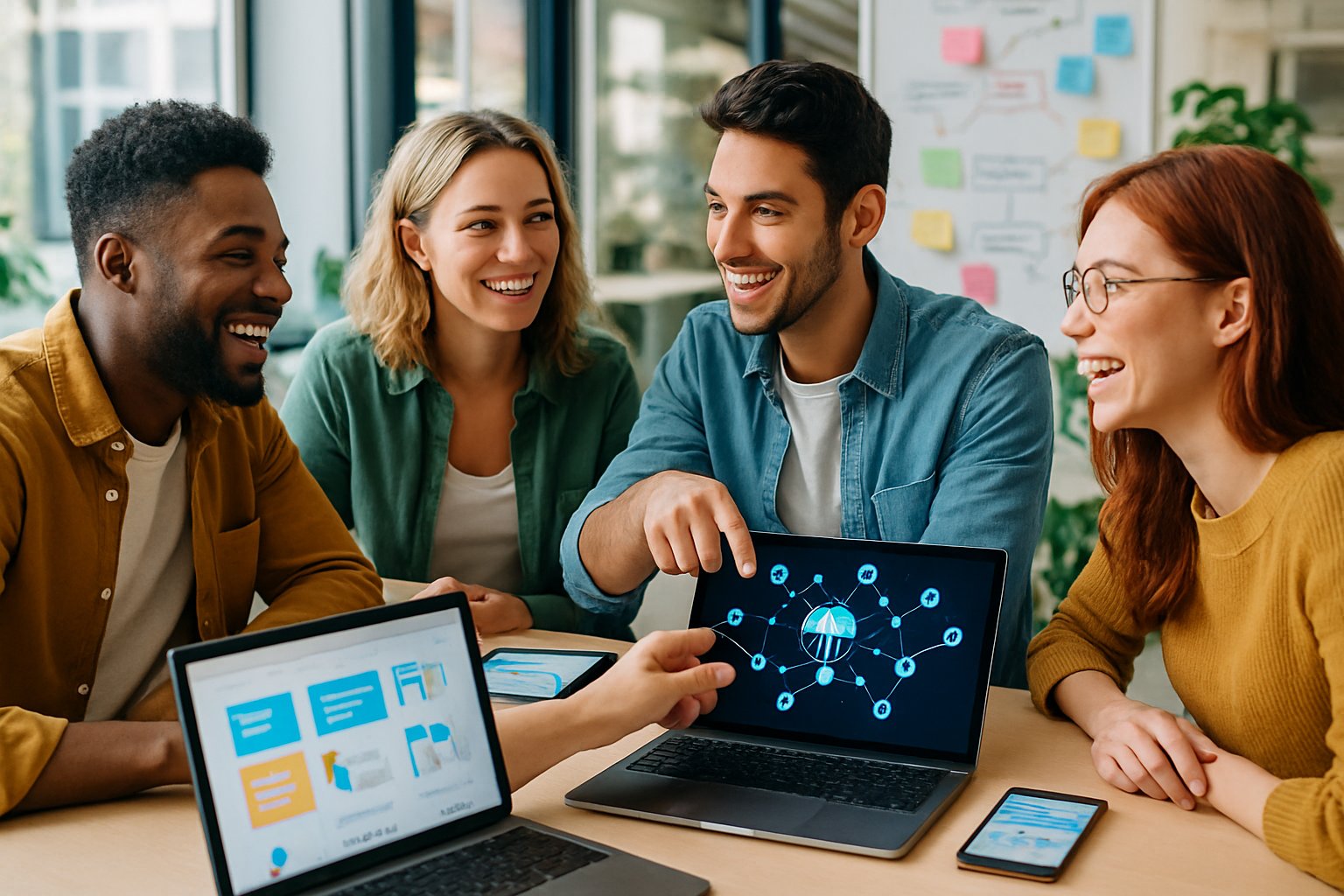 A group of people collaborating around a table with laptops and digital devices in a bright office setting.