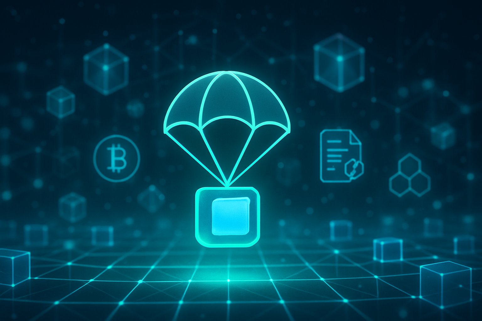 A digital network with glowing blockchain nodes and a floating token representing decentralized finance and Web3 technology.