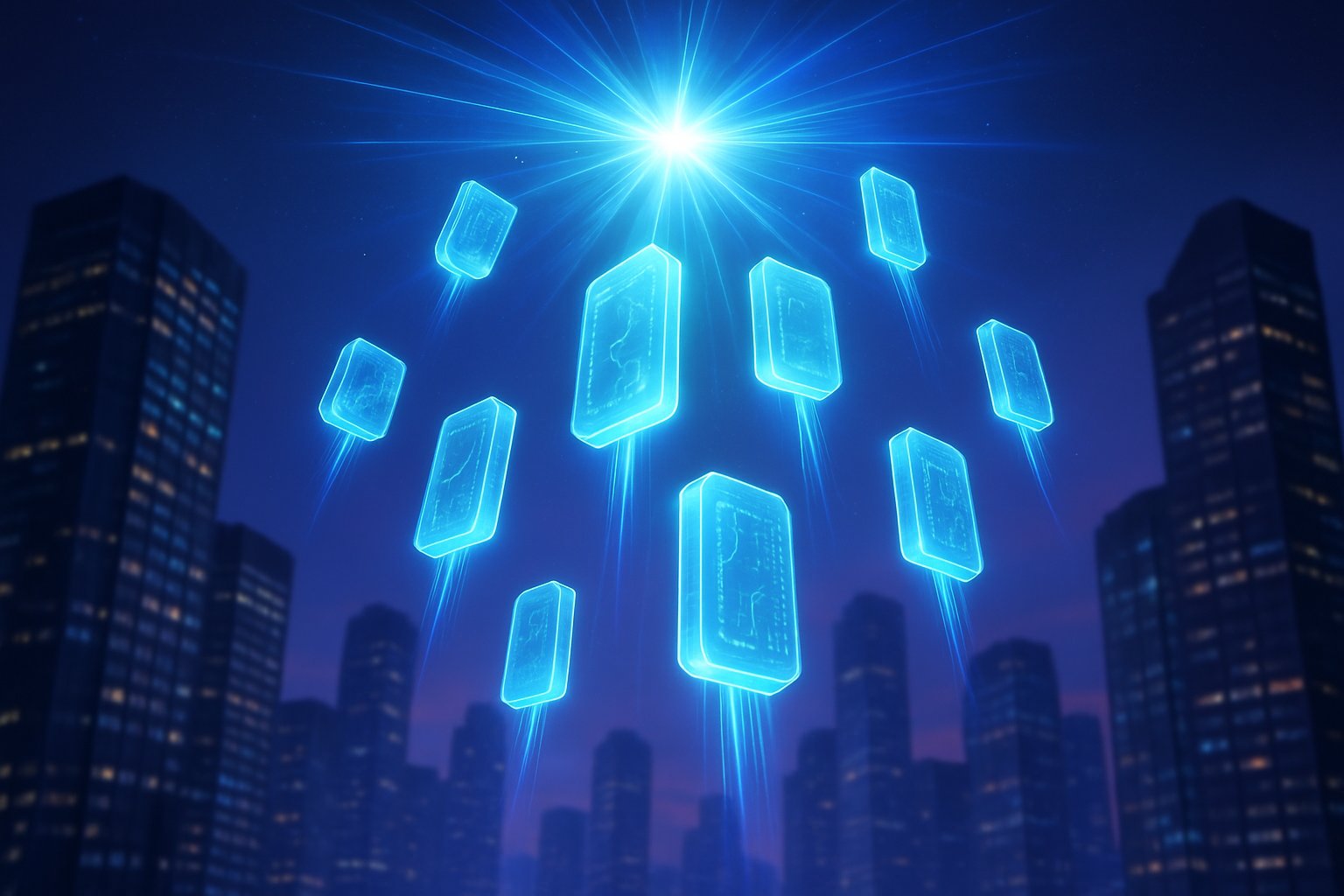 Glowing digital tokens descending from a bright central point over a modern cityscape at dusk.