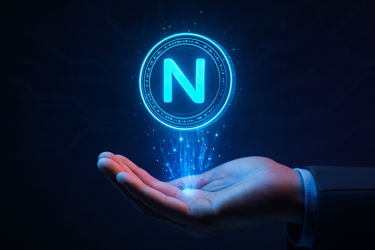 A glowing digital token floating above an open hand with streams of light and data particles in a futuristic tech environment.