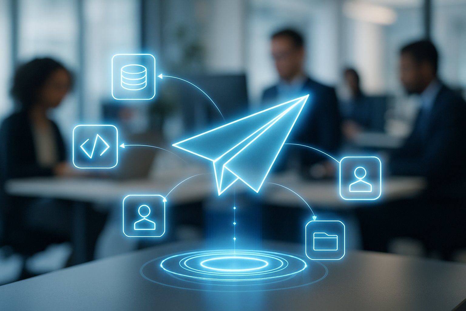 A futuristic digital airdrop concept with glowing holographic elements and a 3D paper airplane shape floating above a modern office background.