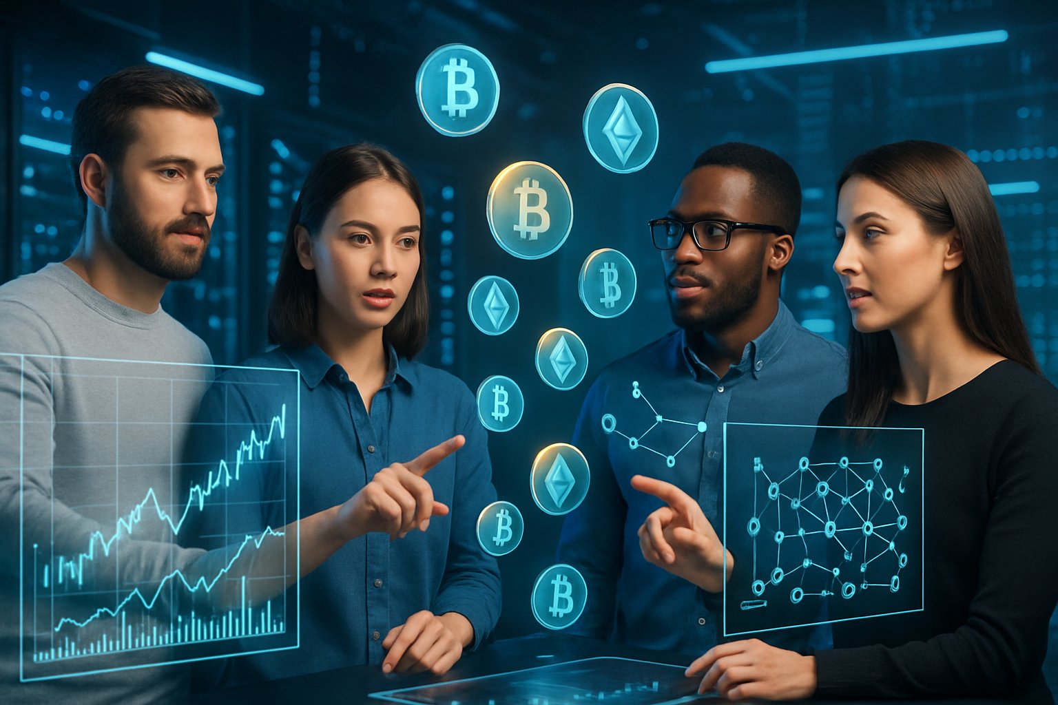 A group of young professionals interacting with holographic digital tokens and blockchain graphs in a modern high-tech workspace.