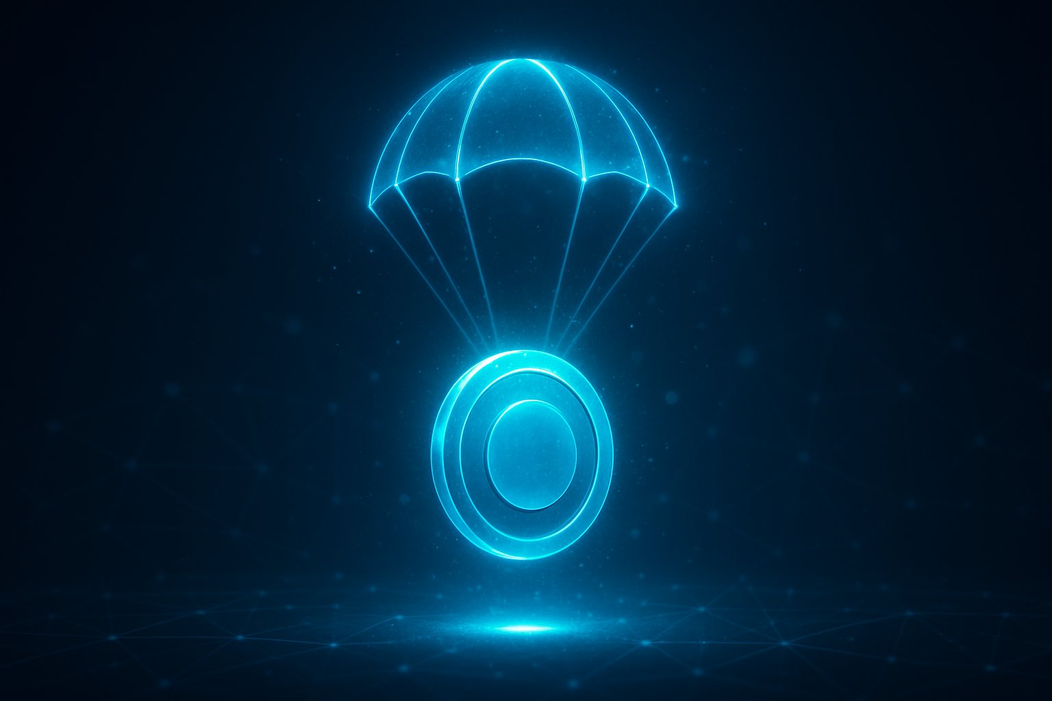 A glowing digital token descending against a dark background with network lines and light particles symbolizing digital currency distribution.