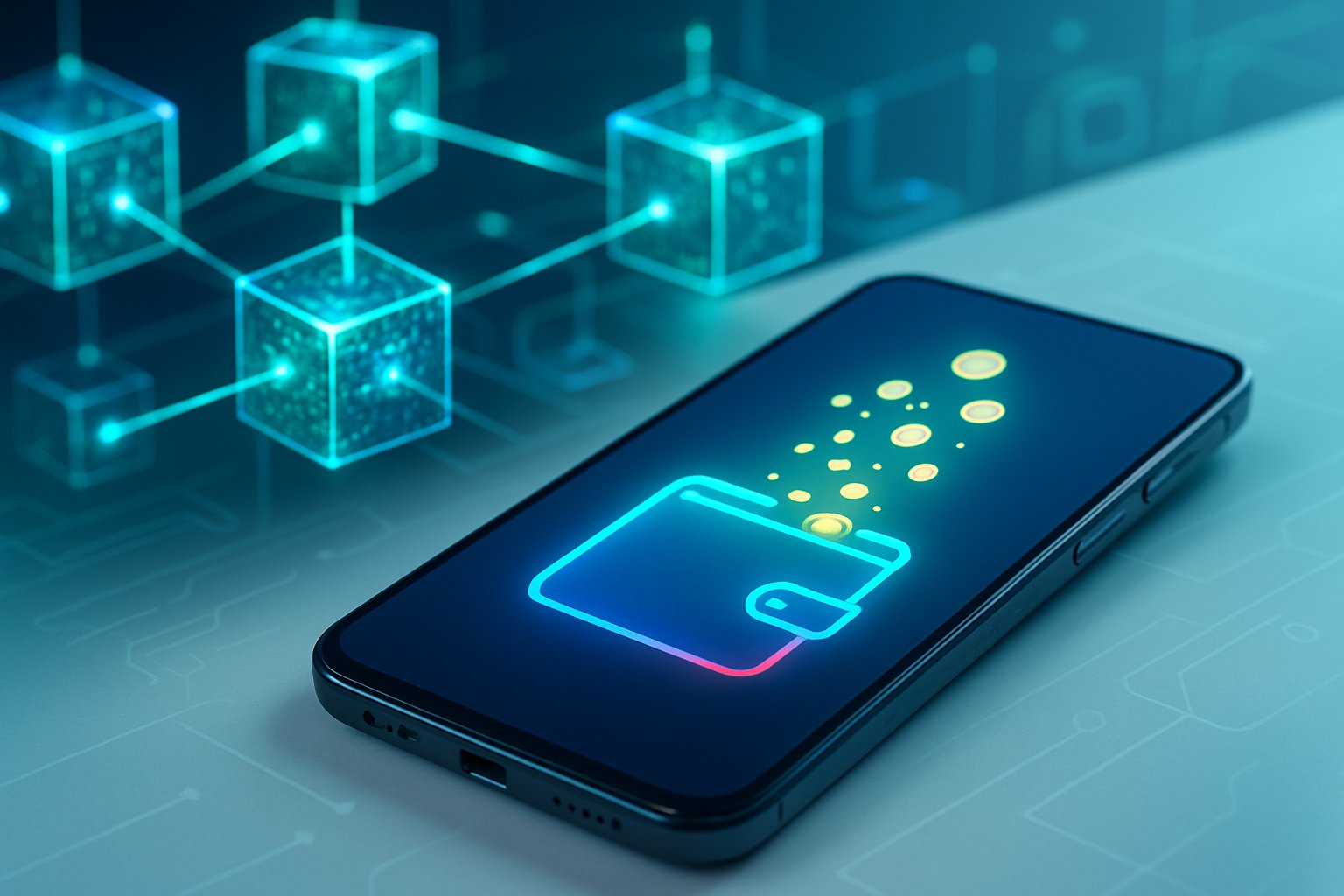 A digital device receiving glowing tokens in a futuristic blockchain network setting.