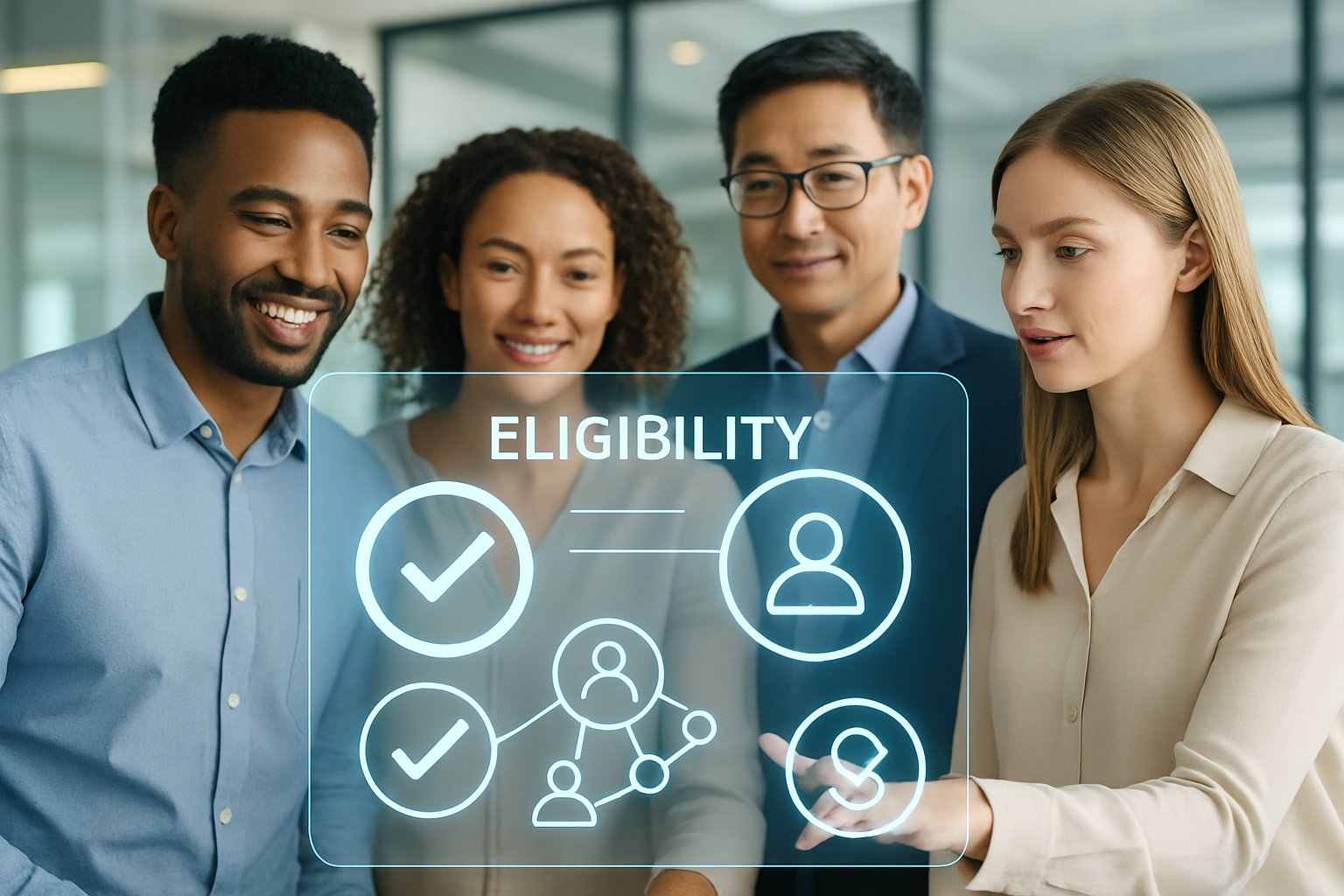 A diverse group of people interacting with a digital interface showing icons for eligibility and participation in a modern office.