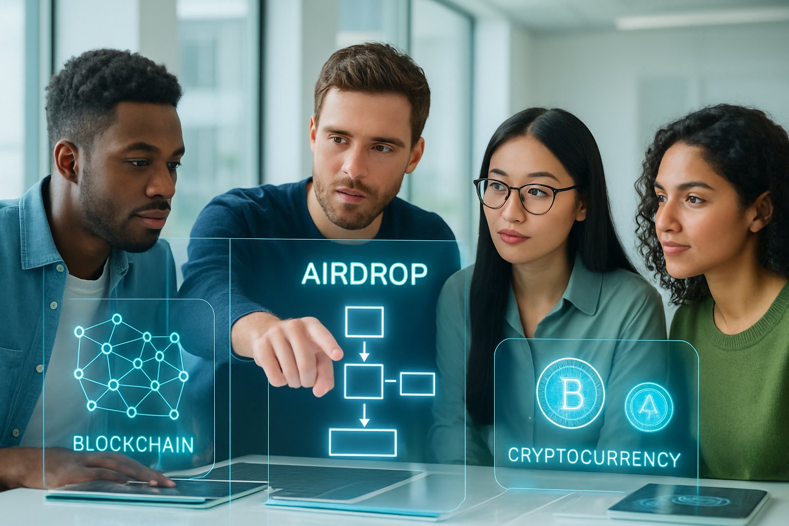 A group of young professionals collaborating around digital screens showing blockchain and cryptocurrency graphics in a modern office.