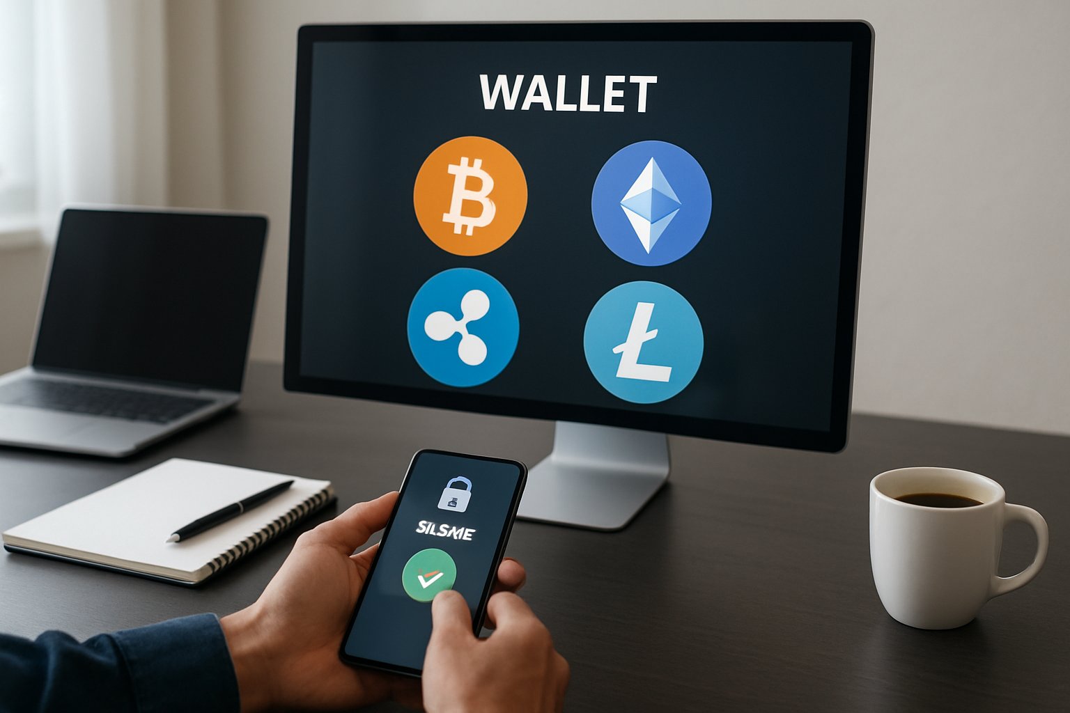 A person using a smartphone and computer at a desk showing cryptocurrency wallet interfaces in a modern workspace.