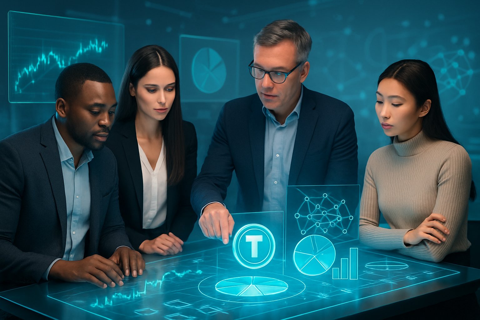 A group of professionals analyzing holographic digital charts and blockchain data in a modern office setting.