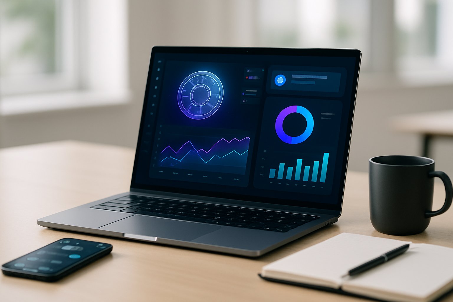 A modern workspace with a laptop showing cryptocurrency charts and notifications, surrounded by tech gadgets and a coffee cup on a desk.
