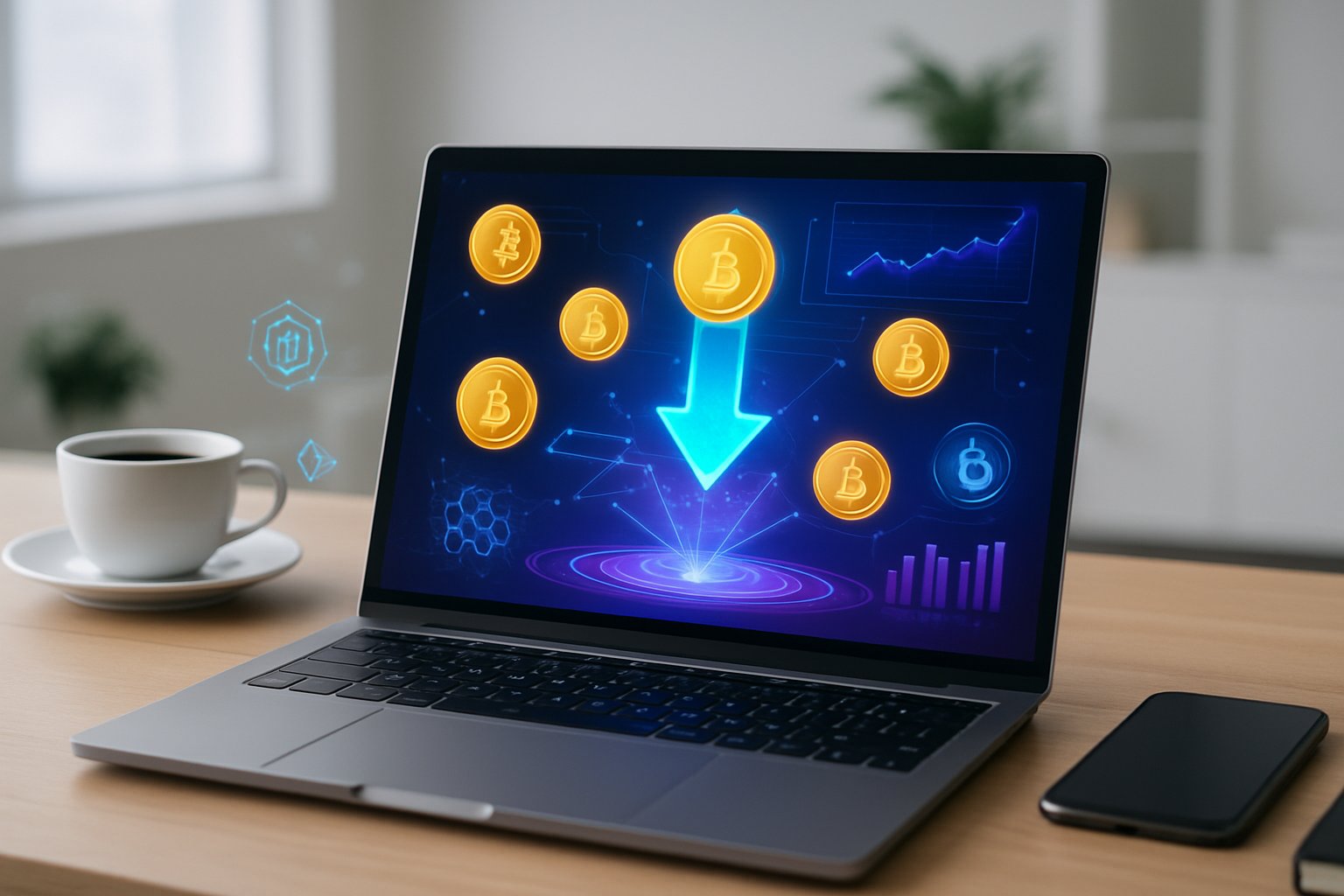 A modern workspace with a computer showing digital finance charts and floating cryptocurrency tokens on the screen.