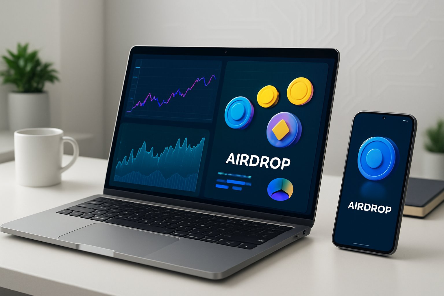 A modern workspace with a laptop and smartphone displaying cryptocurrency-related dashboards and notifications.