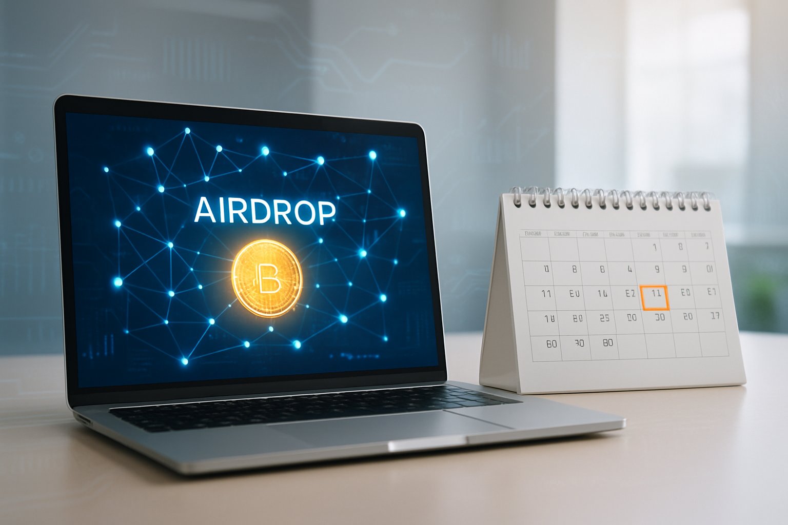 A laptop showing a digital blockchain interface next to a calendar with a highlighted date on a clean office desk.