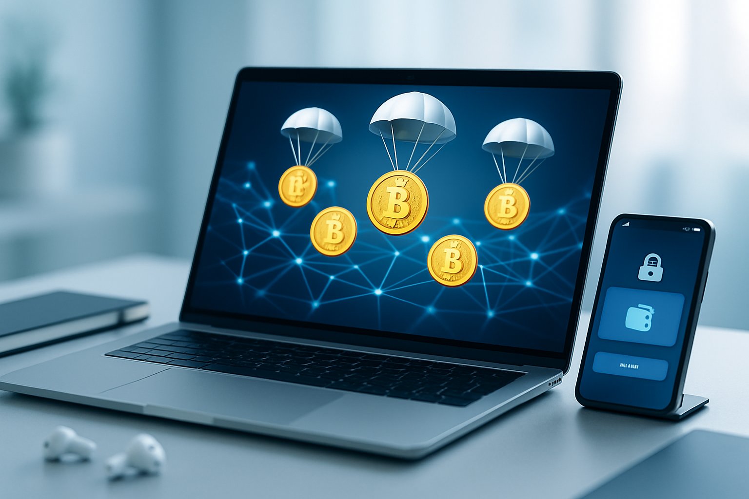 A modern workspace with a laptop showing digital blockchain graphics and floating tokens, alongside a smartphone and tech accessories on a clean desk.