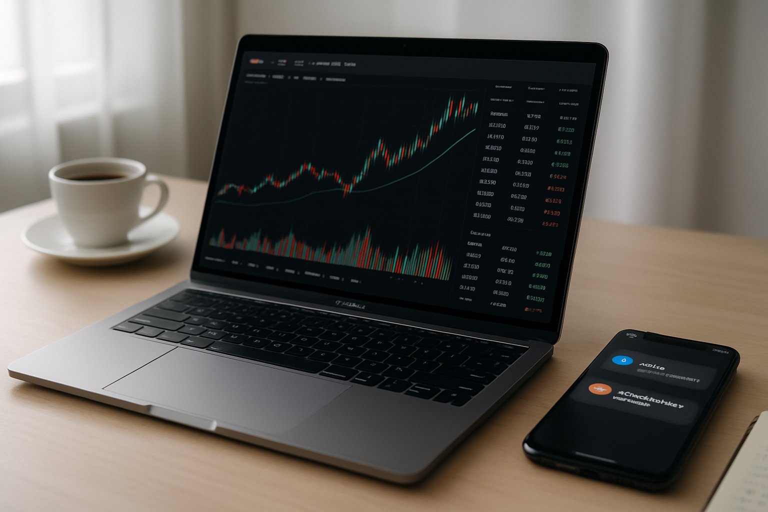 A modern workspace with a laptop showing financial charts and a smartphone displaying cryptocurrency notifications on a clean desk.