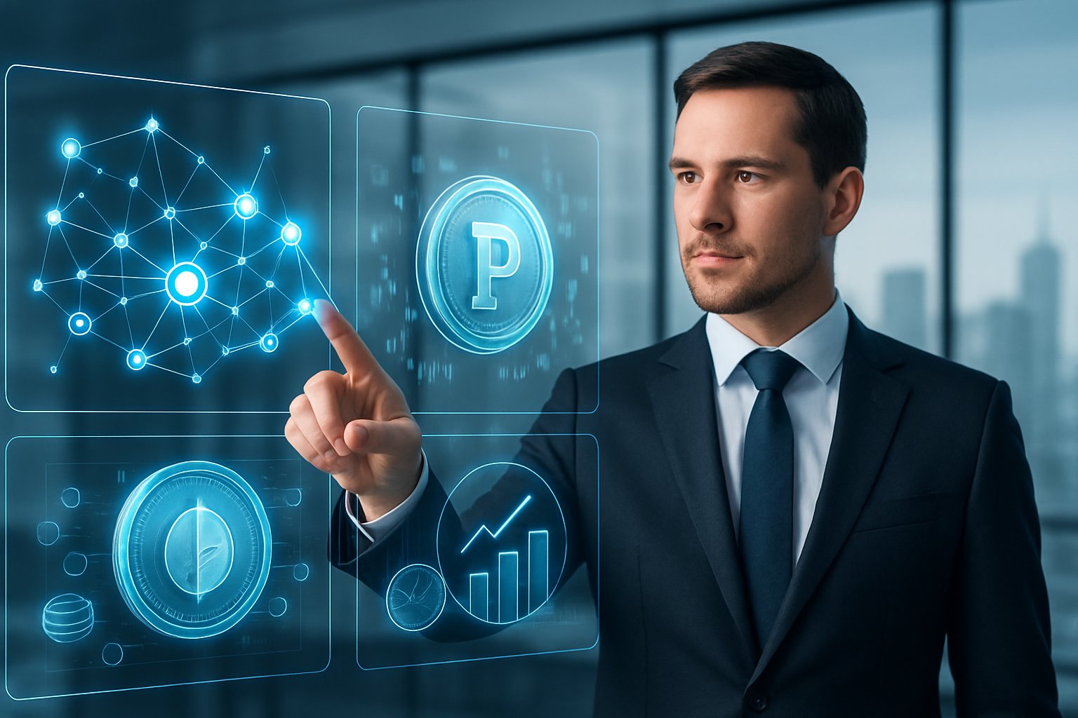 A business professional interacting with futuristic holographic screens showing digital coins and blockchain networks in a modern office with a city skyline background.