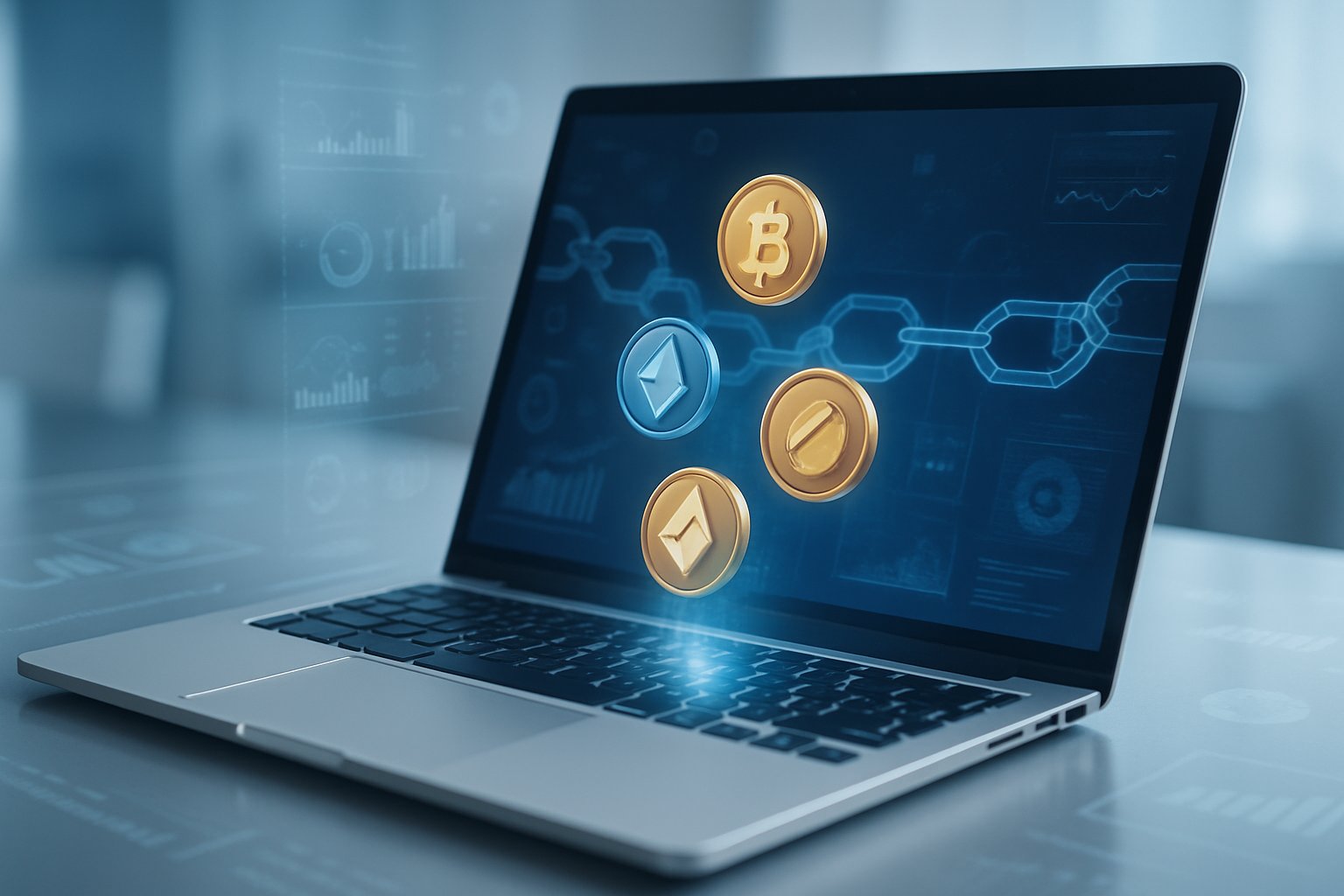 A laptop on a desk with digital blockchain graphics and floating tokens representing a cryptocurrency airdrop.