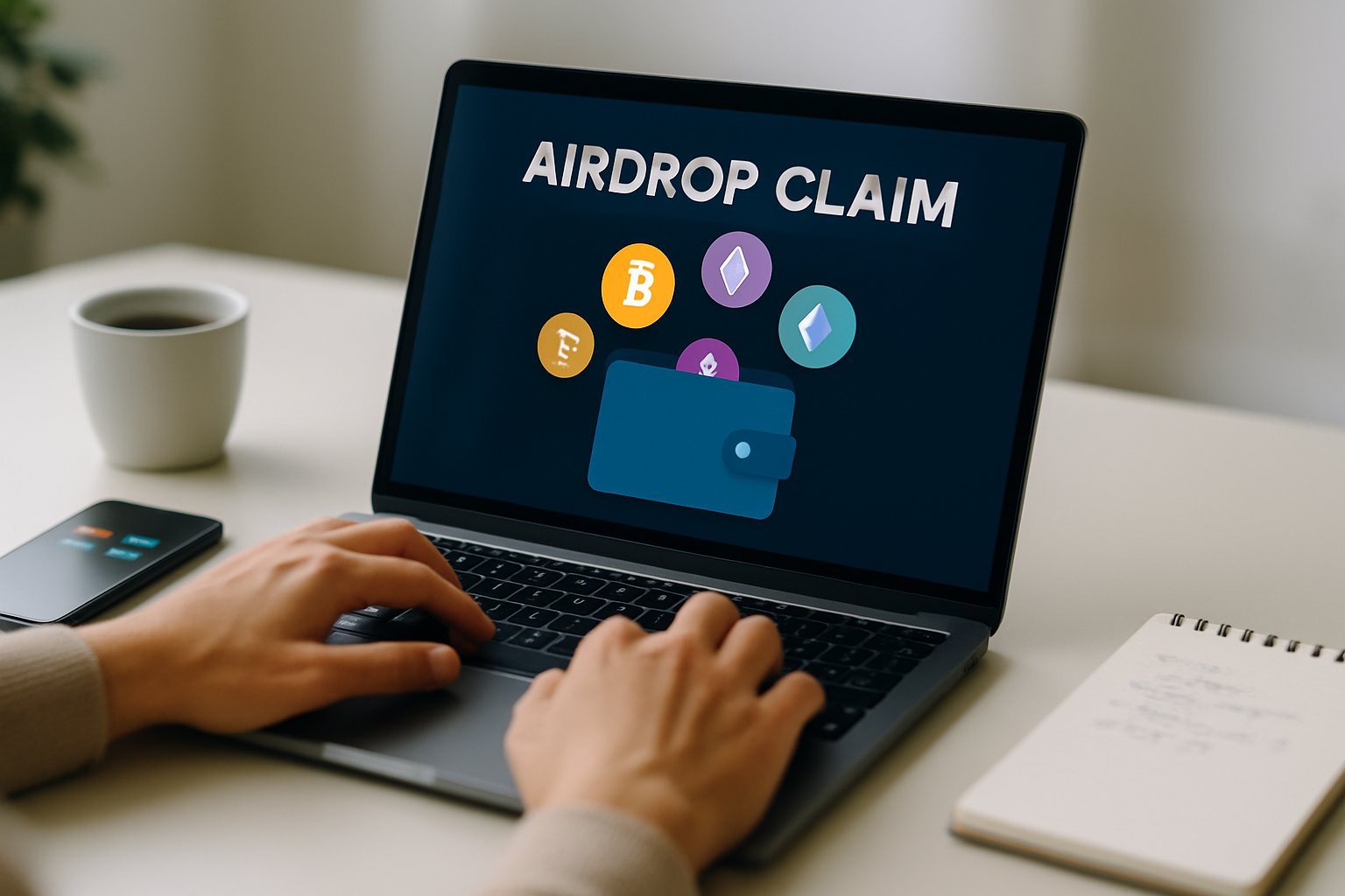 A person using a laptop at a desk with cryptocurrency icons floating above the screen, surrounded by a smartphone, coffee cup, and notepad.