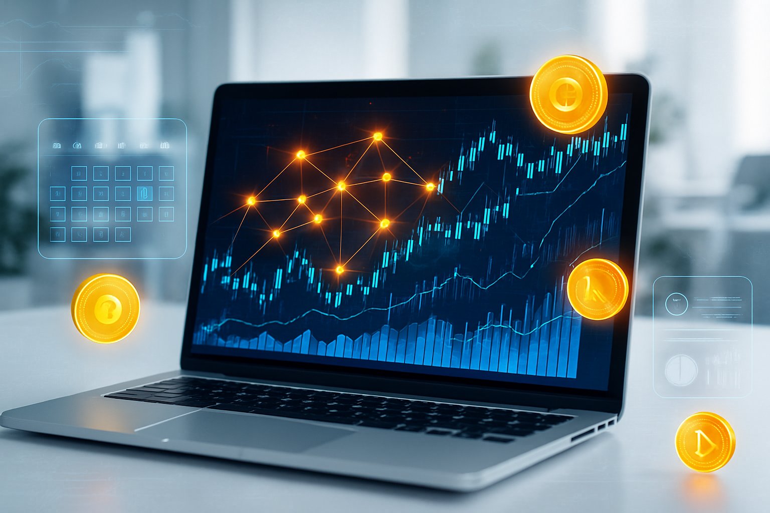 A laptop on a desk showing financial graphs and glowing interconnected nodes with holographic data and digital tokens floating around in a bright office setting.