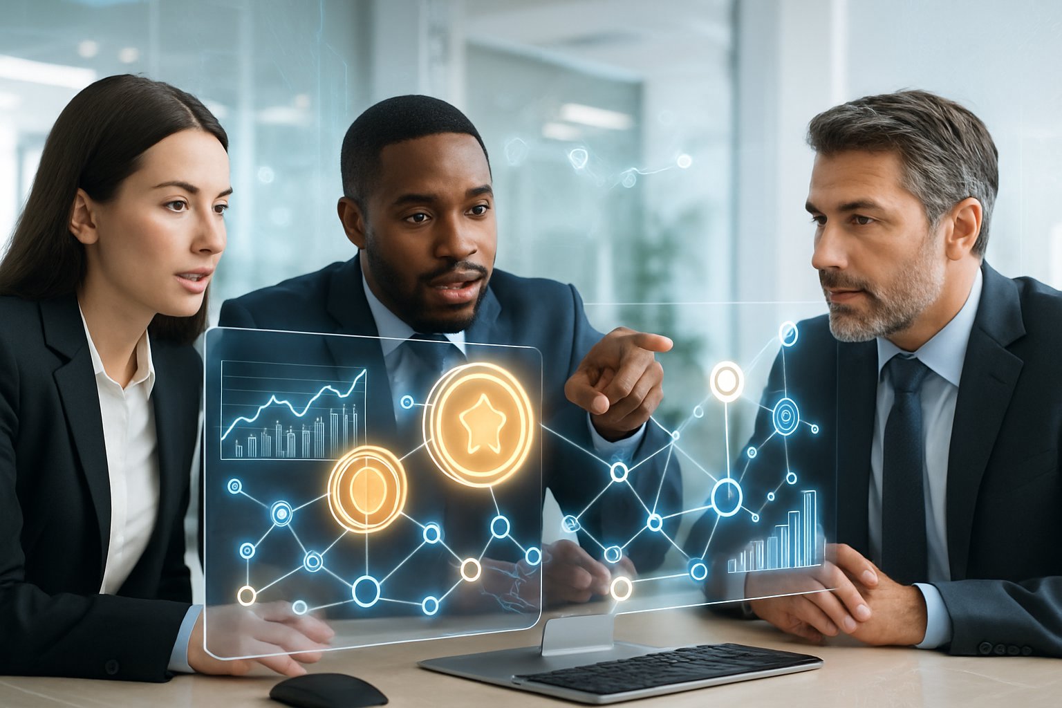 A group of professionals discussing digital graphs and blockchain nodes on transparent screens in a modern office setting.