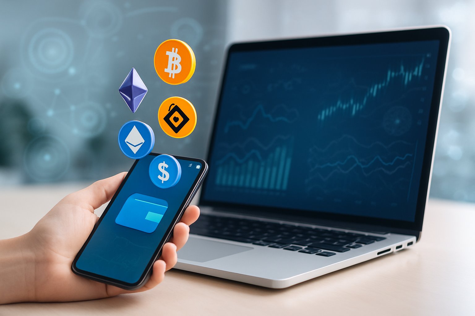 A laptop and smartphone on a desk showing cryptocurrency icons and digital finance graphics representing a cryptocurrency airdrop.