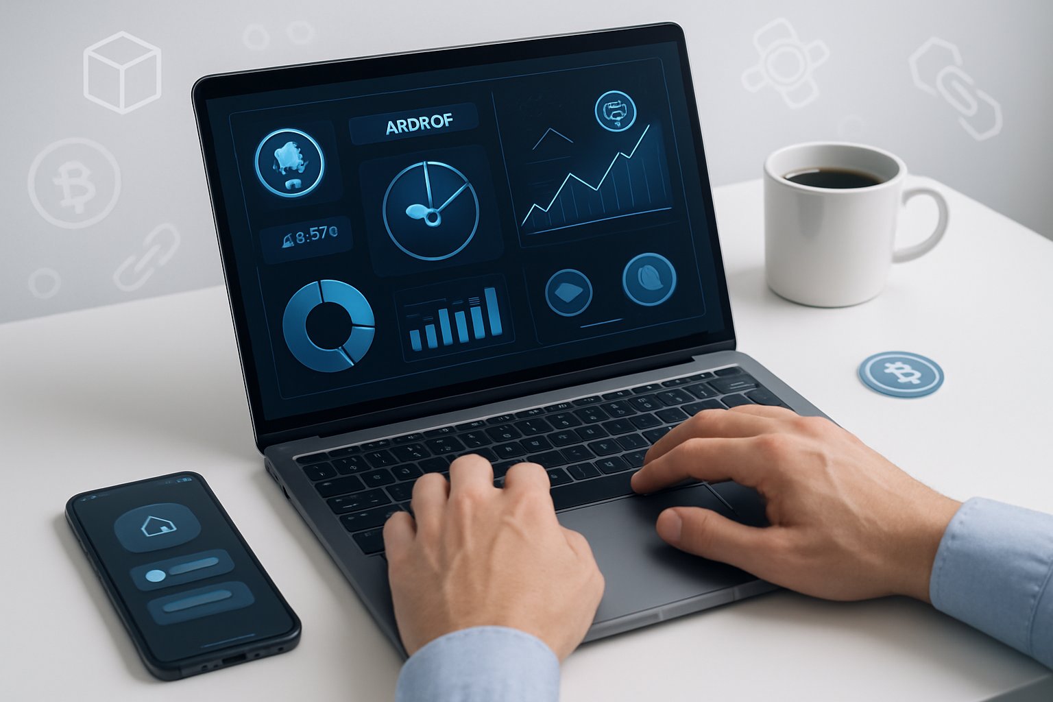 Person working on a laptop with cryptocurrency charts and digital tokens visible on the screen in a modern workspace.