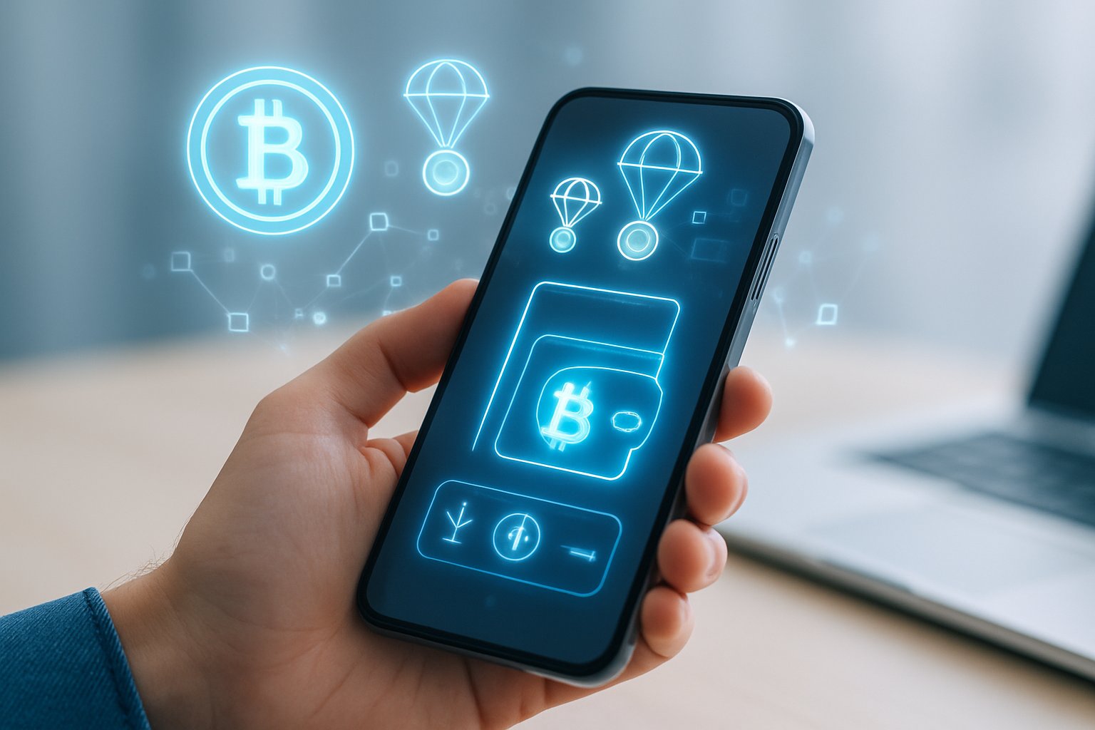 A hand holding a smartphone showing a digital wallet interface with floating blockchain symbols and network nodes in a modern workspace.