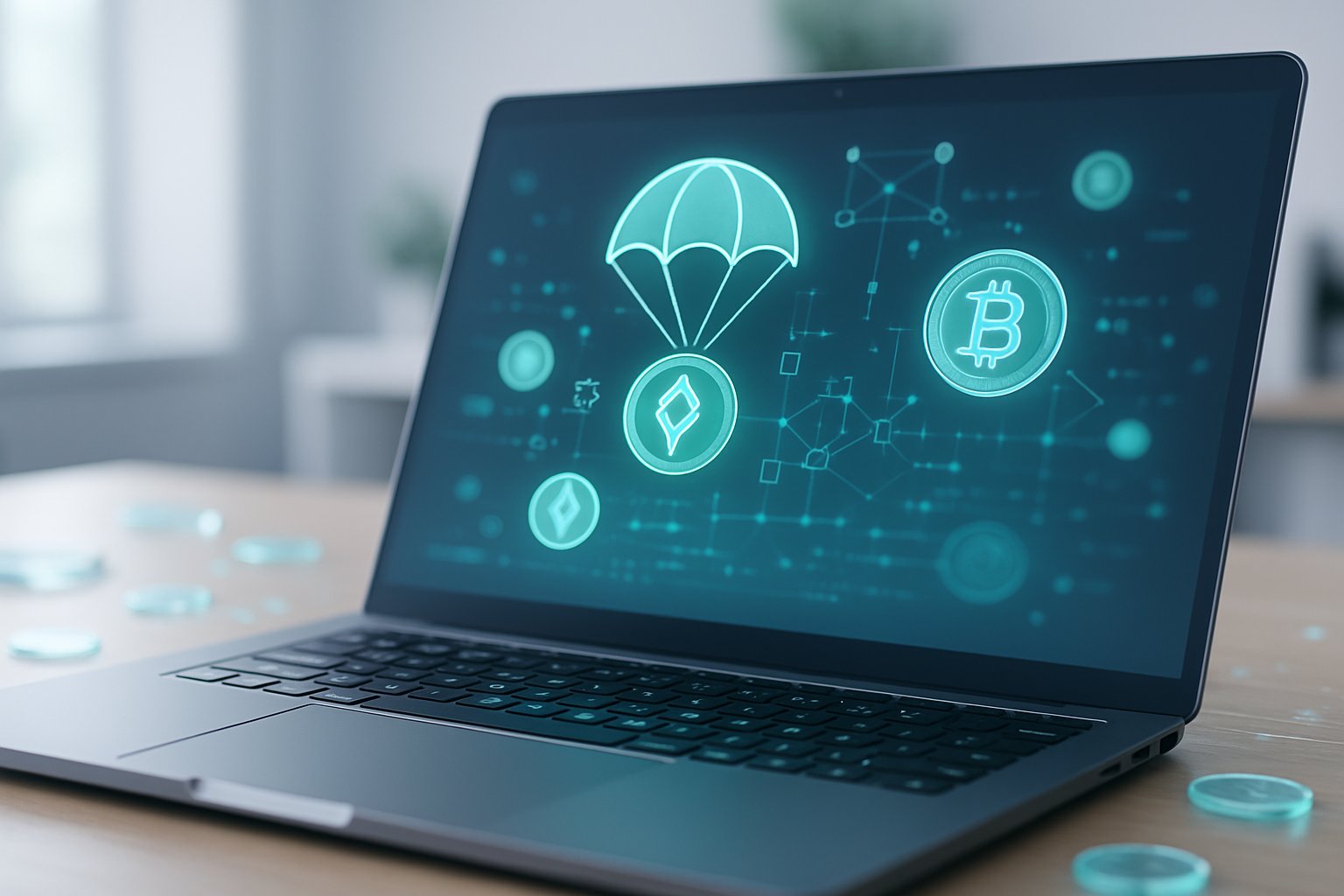 A laptop on a desk showing floating digital currency icons and blockchain elements in a modern office setting.