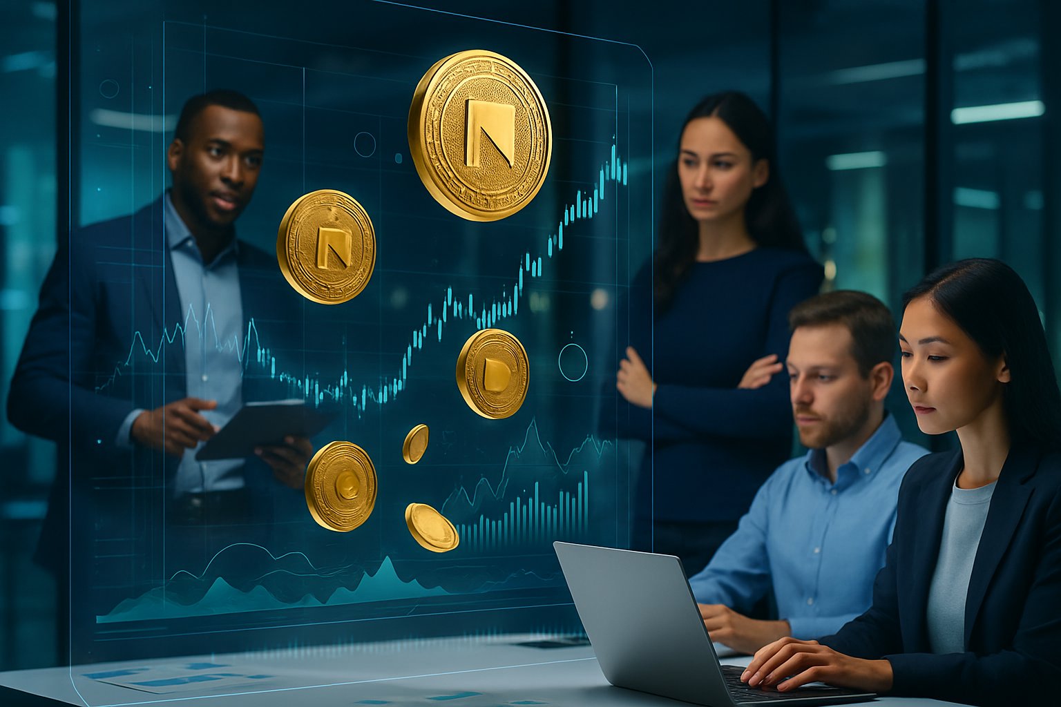 A group of professionals analyzing digital cryptocurrency data on transparent screens in a modern office setting.