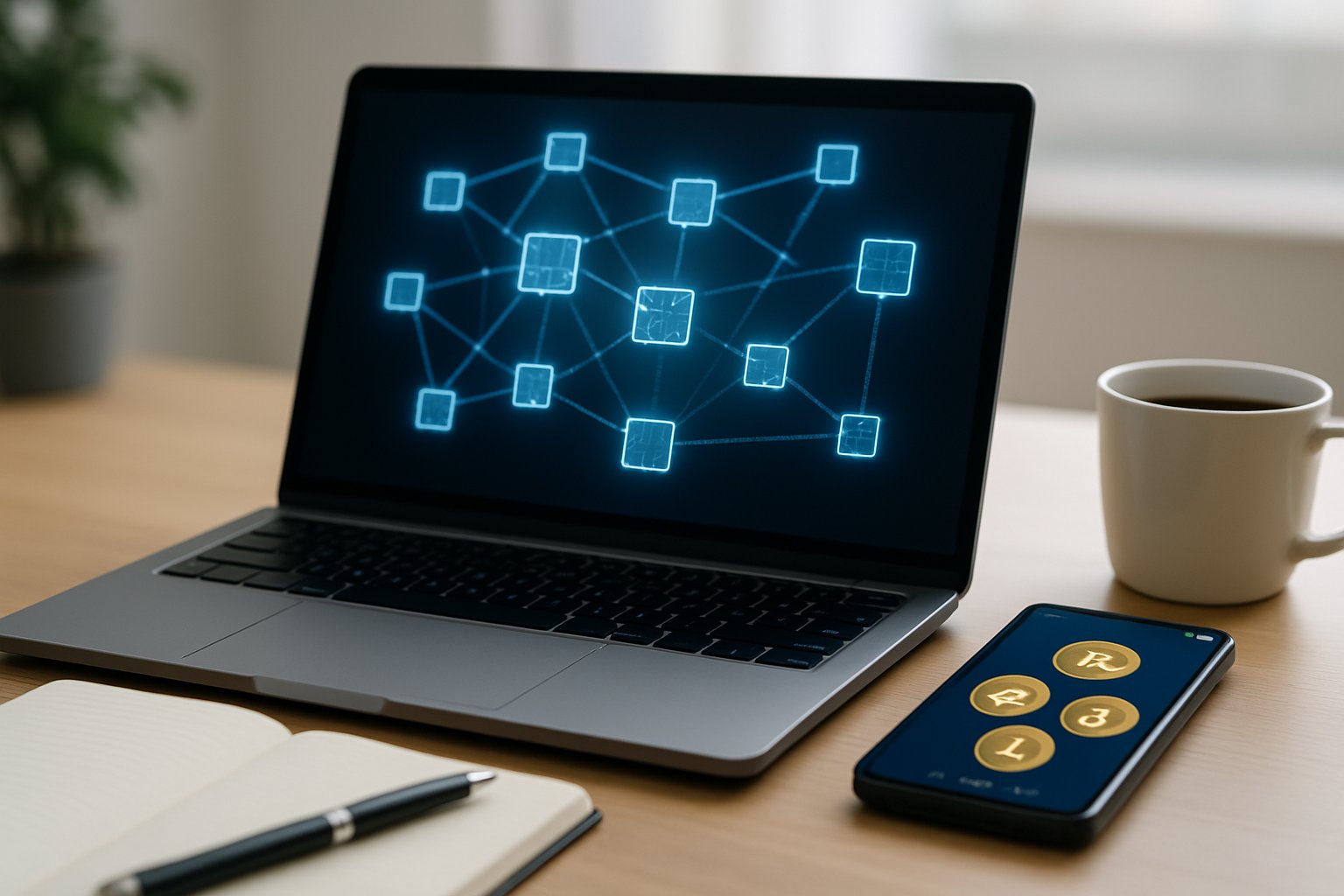 A modern workspace with a laptop showing blockchain network graphics and a smartphone displaying a digital wallet on a desk with a notebook and coffee cup.