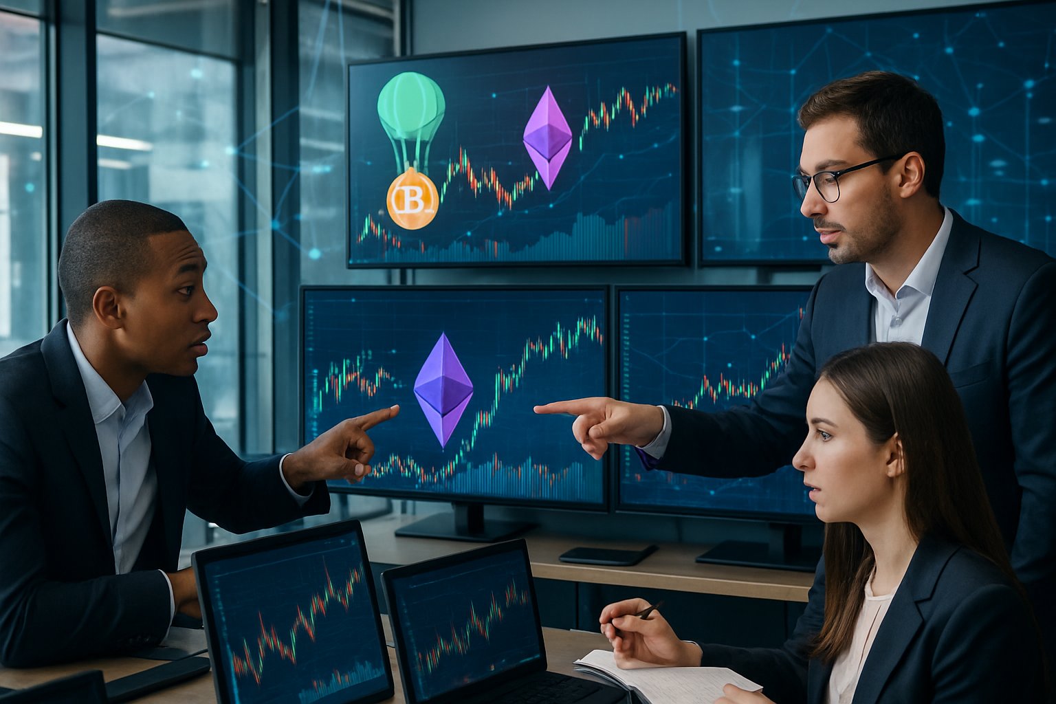 Business professionals analyzing financial charts on computer screens in a modern office.