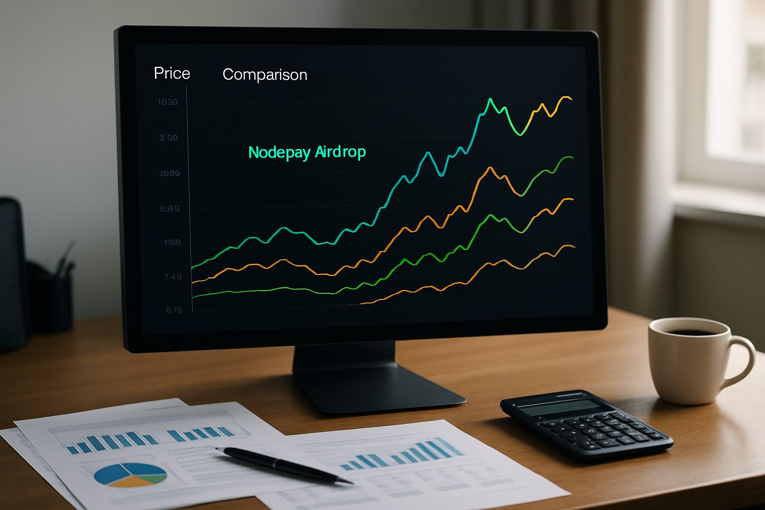 A modern workspace with a computer monitor showing colorful charts comparing cryptocurrency token prices, highlighting one main graph line among others.