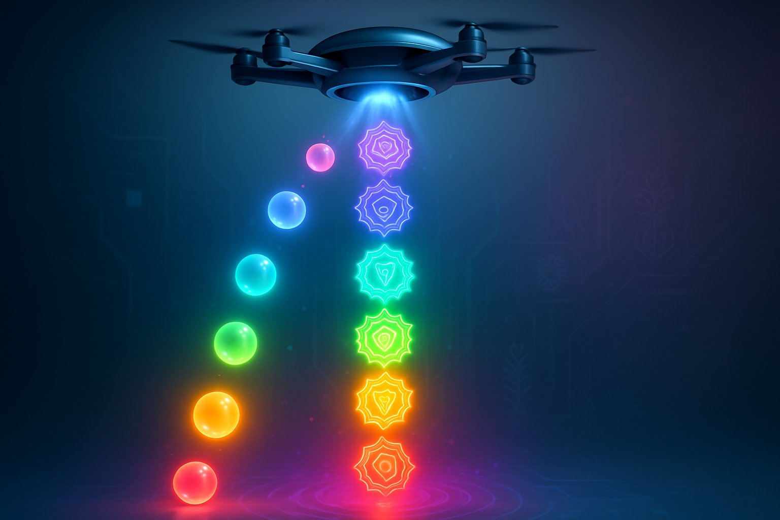 A futuristic drone releasing glowing chakra energy orbs representing seven colorful chakra symbols floating in a digital environment.