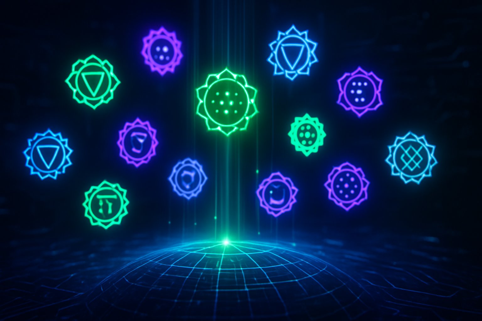 A glowing digital globe with chakra-inspired symbols floating above it, surrounded by a network grid and data streams representing a cryptocurrency airdrop.