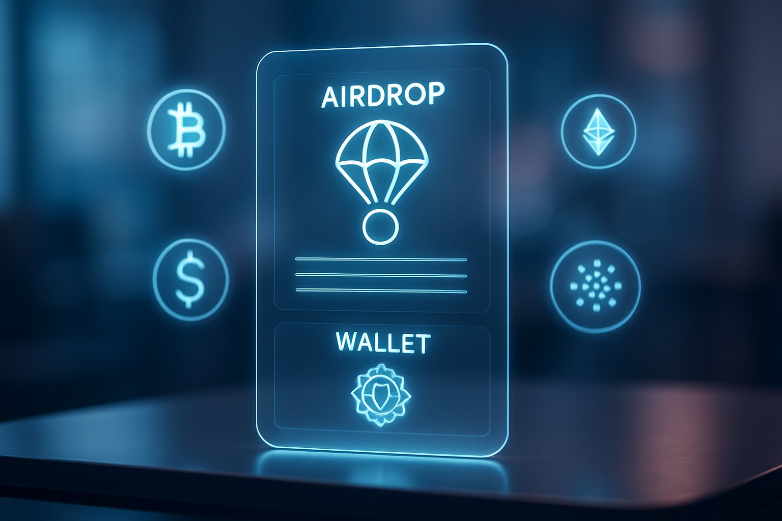 A holographic digital wallet interface floating above a desk with glowing cryptocurrency icons and a chakra symbol in a futuristic setting.