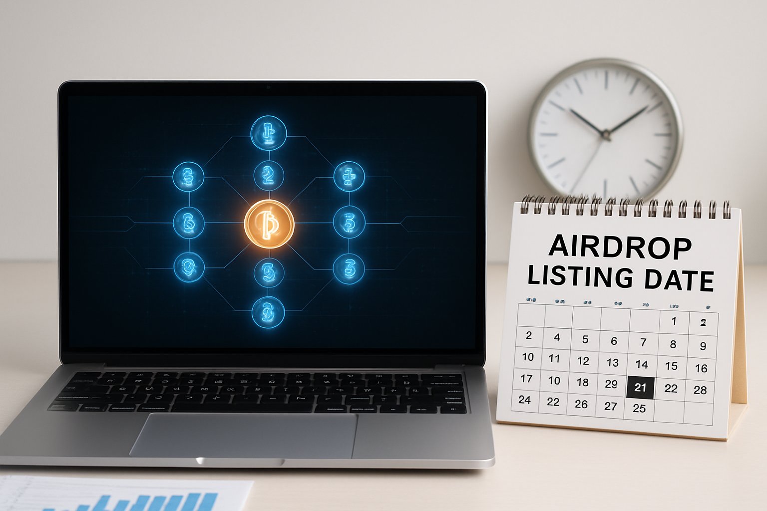 A modern workspace with a laptop showing a digital blockchain interface, charts, a calendar, and a clock indicating an important upcoming date.