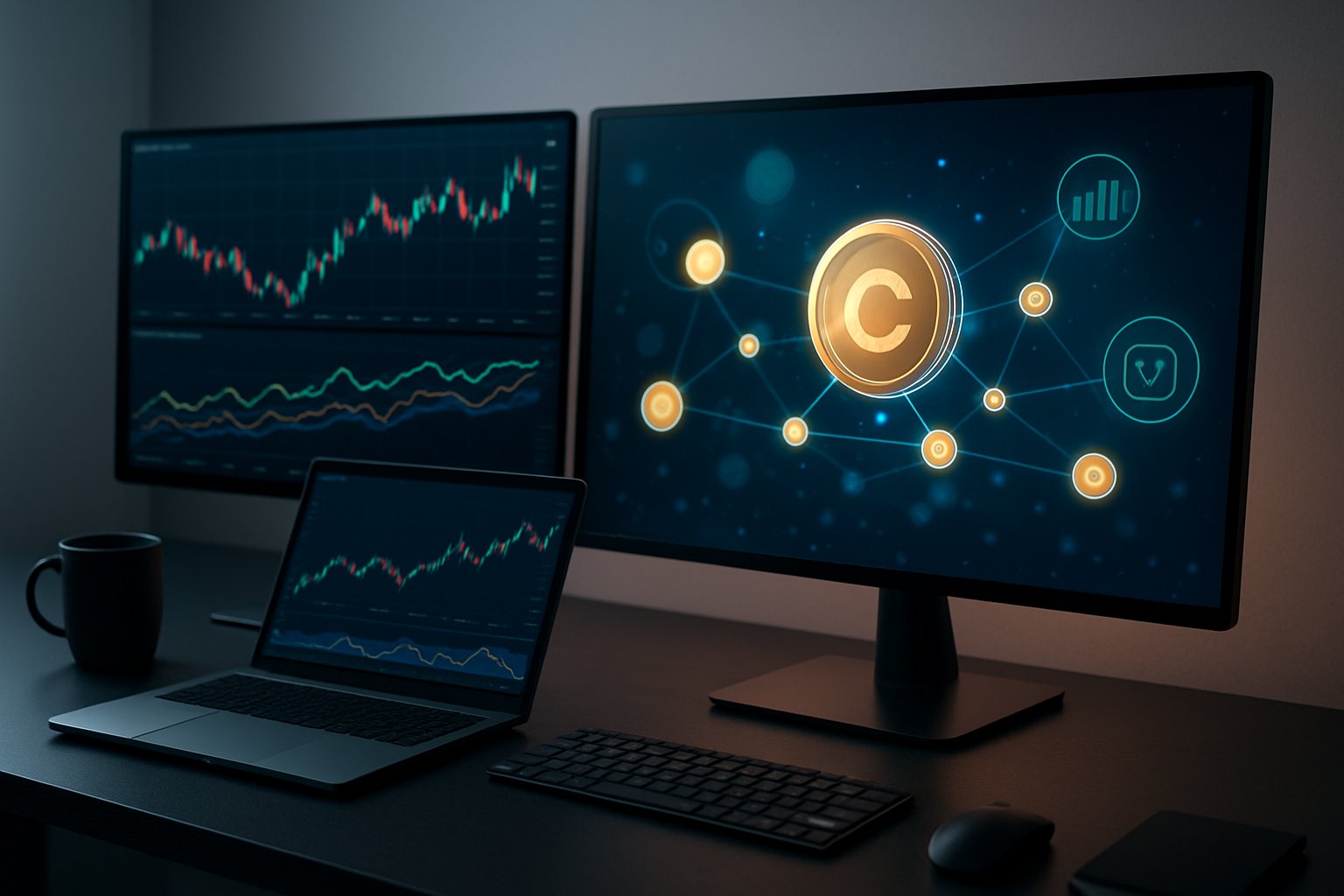 A modern digital workspace with multiple computer screens showing cryptocurrency charts and interconnected digital tokens, symbolizing blockchain and airdrop events.