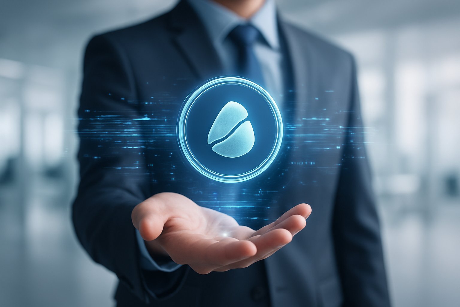 A businessperson's hand holding a glowing digital token with abstract stone emblem, surrounded by holographic blockchain visuals in a modern office setting.