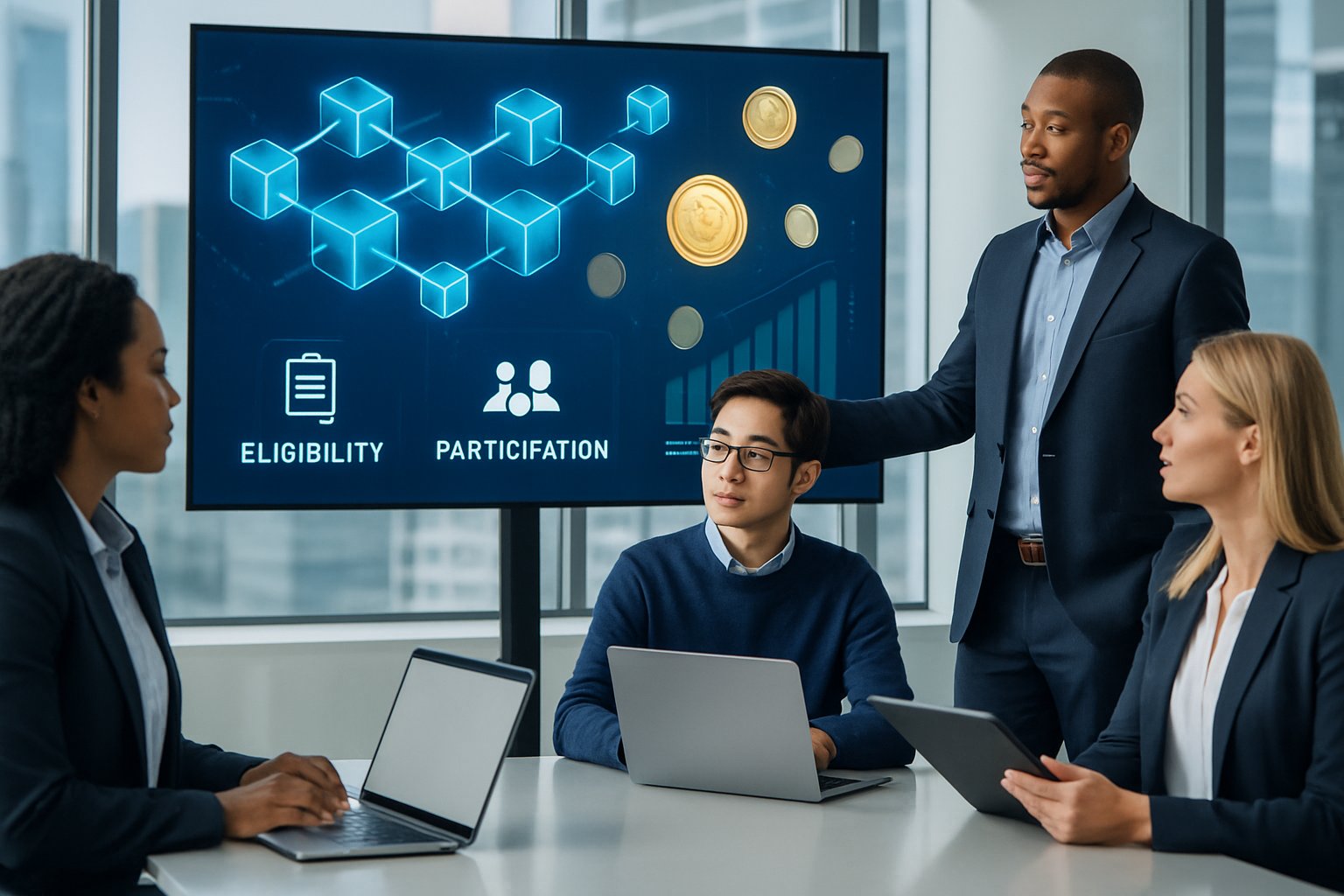 A group of professionals discussing blockchain technology and digital tokens in a modern office setting.