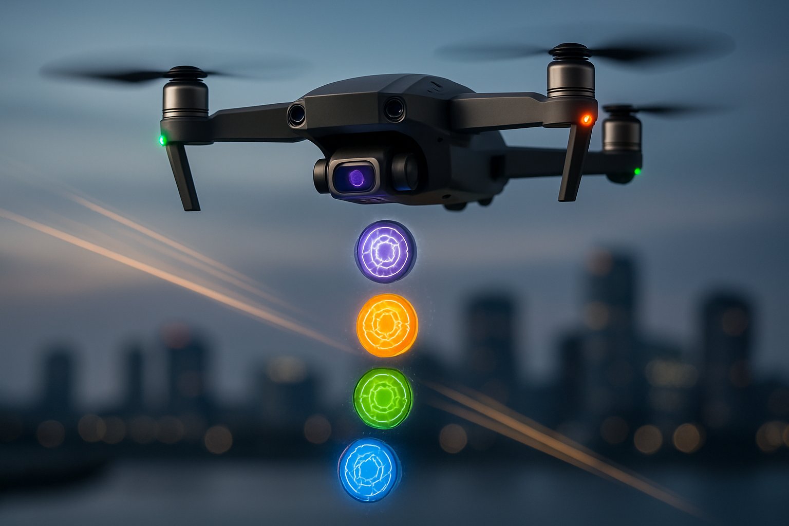 A drone hovering over a cityscape at dusk, releasing glowing colorful digital tokens into the air.